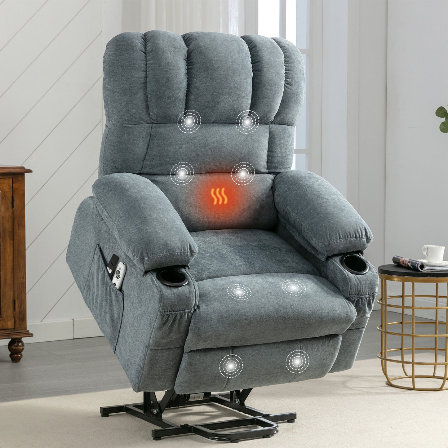 HSUNNS Power Lift Recliner Chair for Elderly, Electric Recliners with Heat and Massage, USB Charge Port, Cup Holders, Infinite Position and Side Pockets, Fabric Single Sofa for Living Room, Brown