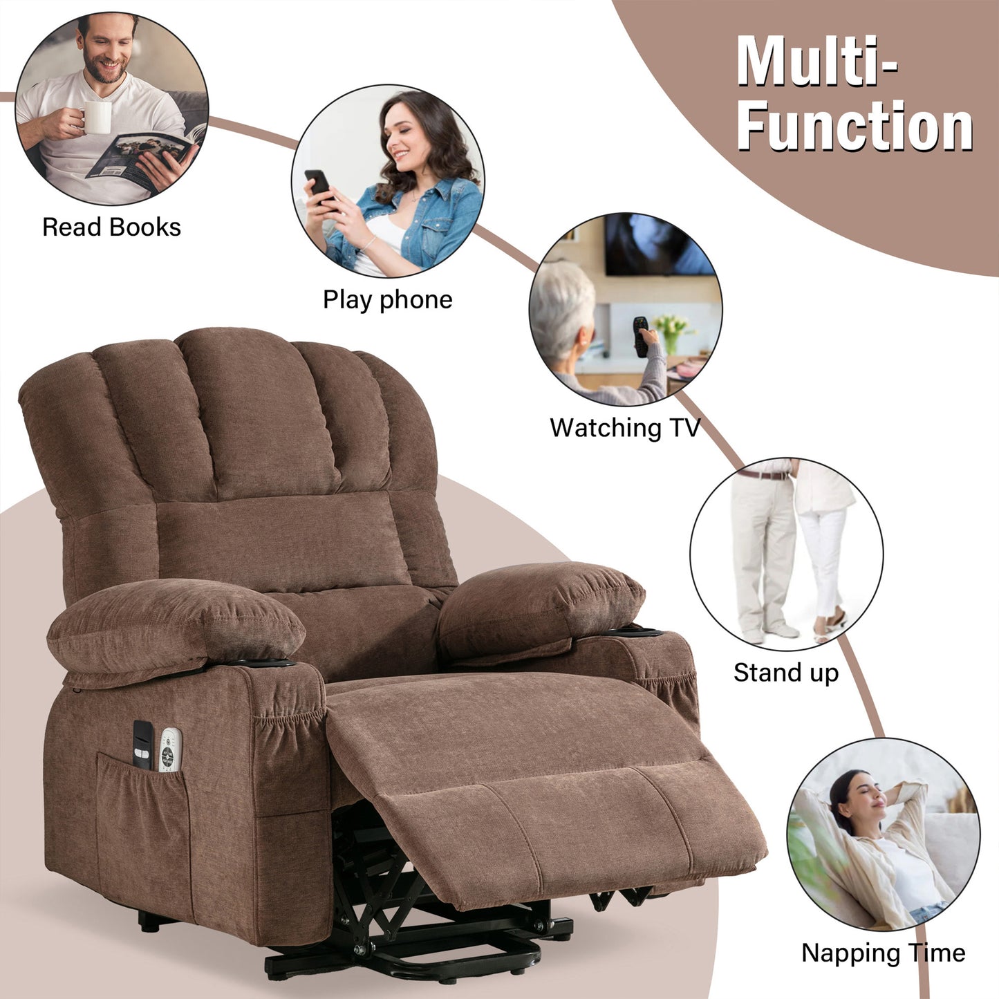HSUNNS Power Lift Recliner Chair for Elderly, Electric Recliners with Heat and Massage, USB Charge Port, Cup Holders, Infinite Position and Side Pockets, Fabric Single Sofa for Living Room, Brown