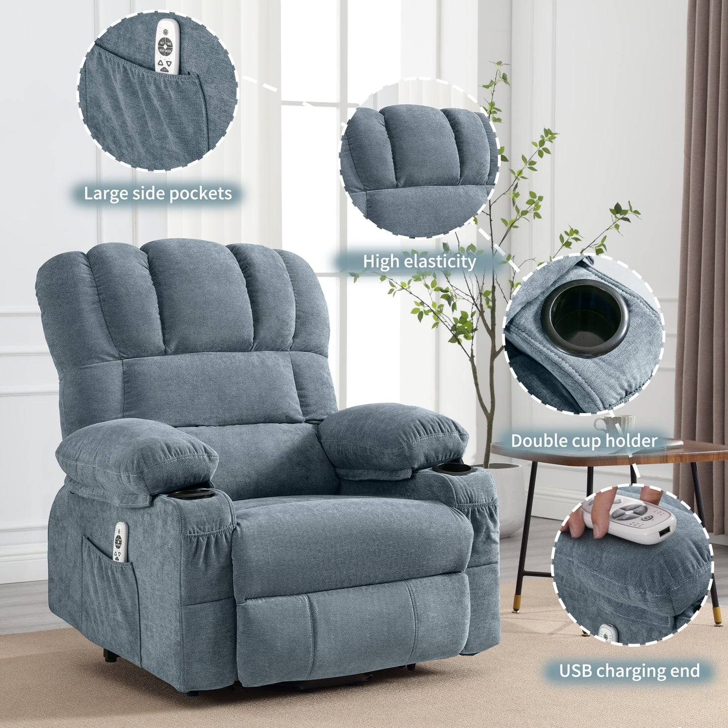HSUNNS Power Lift Recliner Chair with Heat and Vibration Massage, Fabric Elderly Oversized Reclining Sofa with USB Charge Port, Cup Holders and Side Pockets for Bedroom Home Theater, Blue