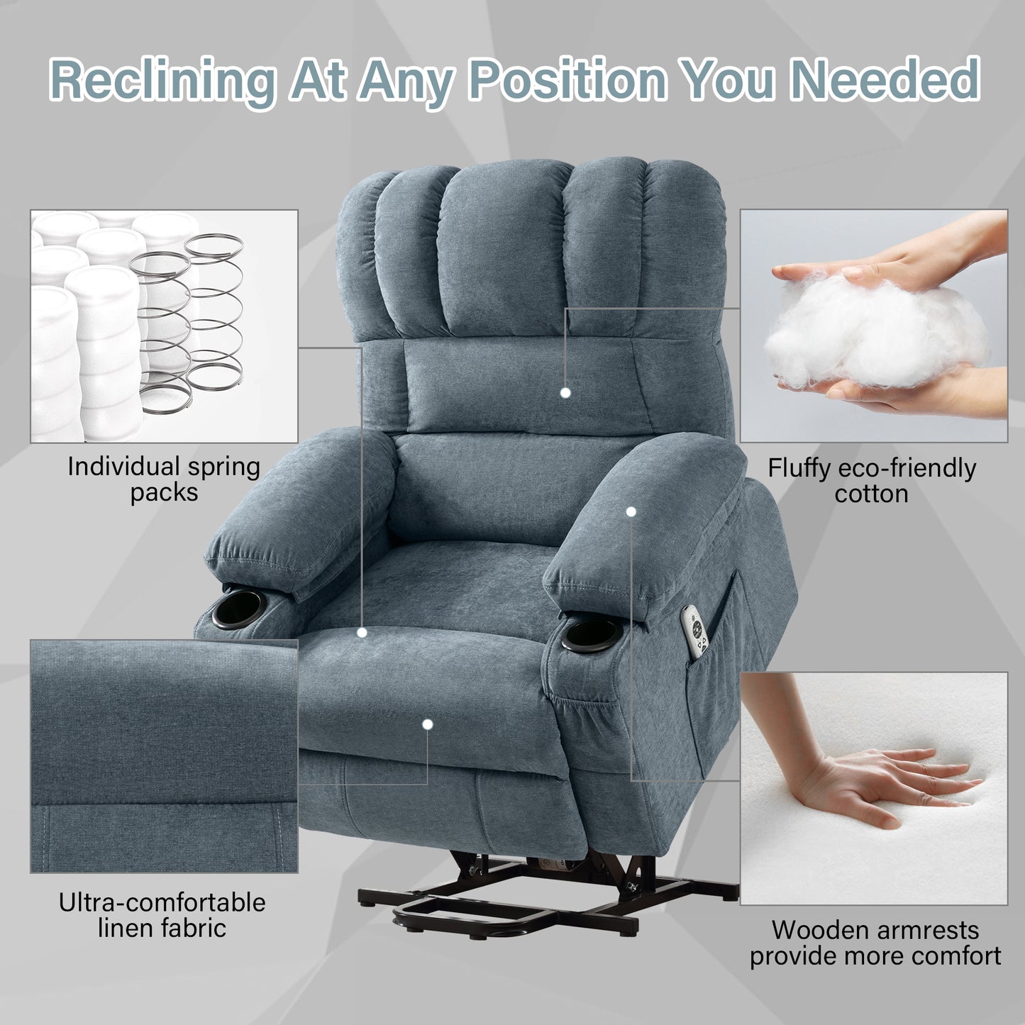 HSUNNS Power Lift Recliner Chair with Heat and Vibration Massage, Fabric Elderly Oversized Reclining Sofa with USB Charge Port, Cup Holders and Side Pockets for Bedroom Home Theater, Blue