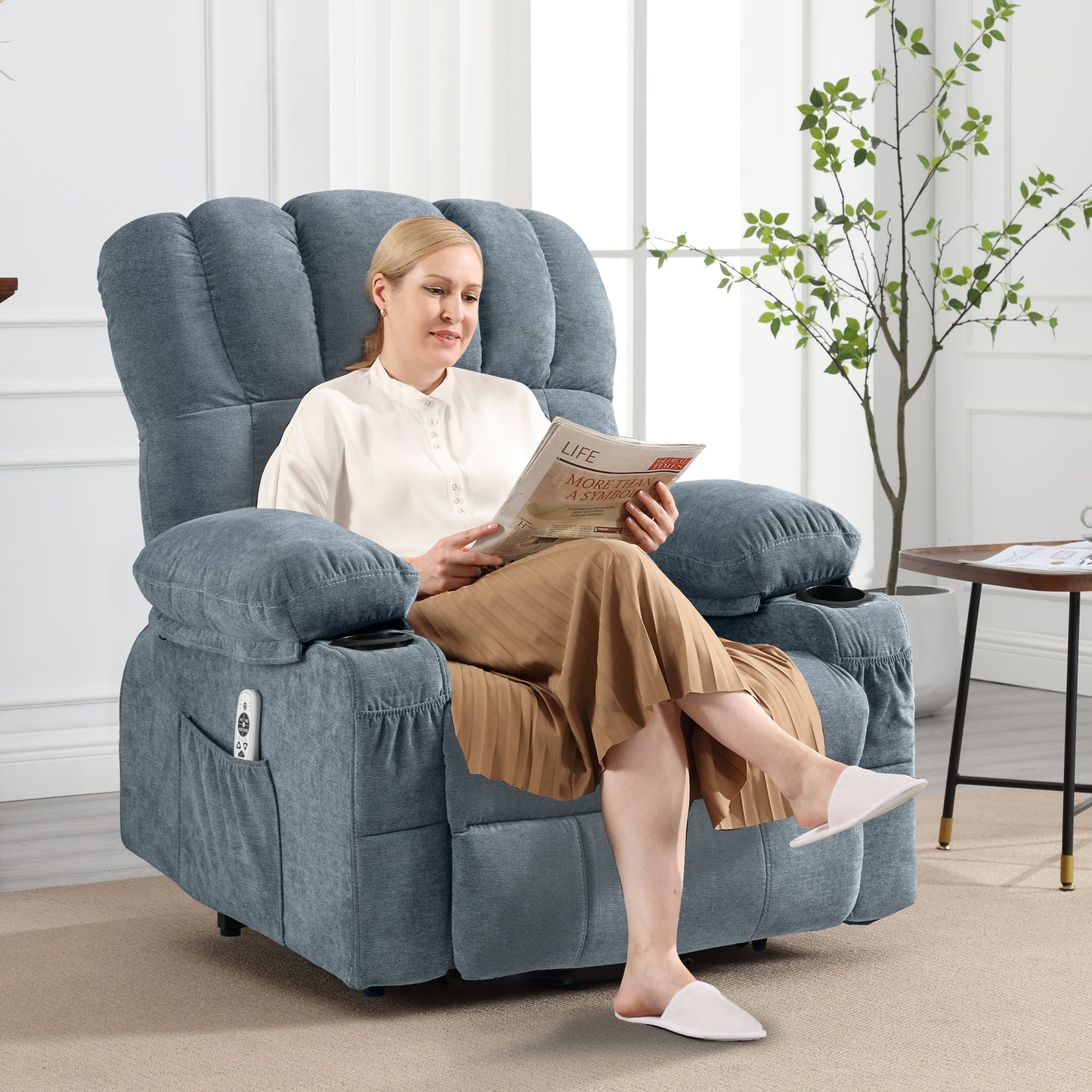 HSUNNS Power Lift Recliner Chair with Heat and Vibration Massage, Fabric Elderly Oversized Reclining Sofa with USB Charge Port, Cup Holders and Side Pockets for Bedroom Home Theater, Blue