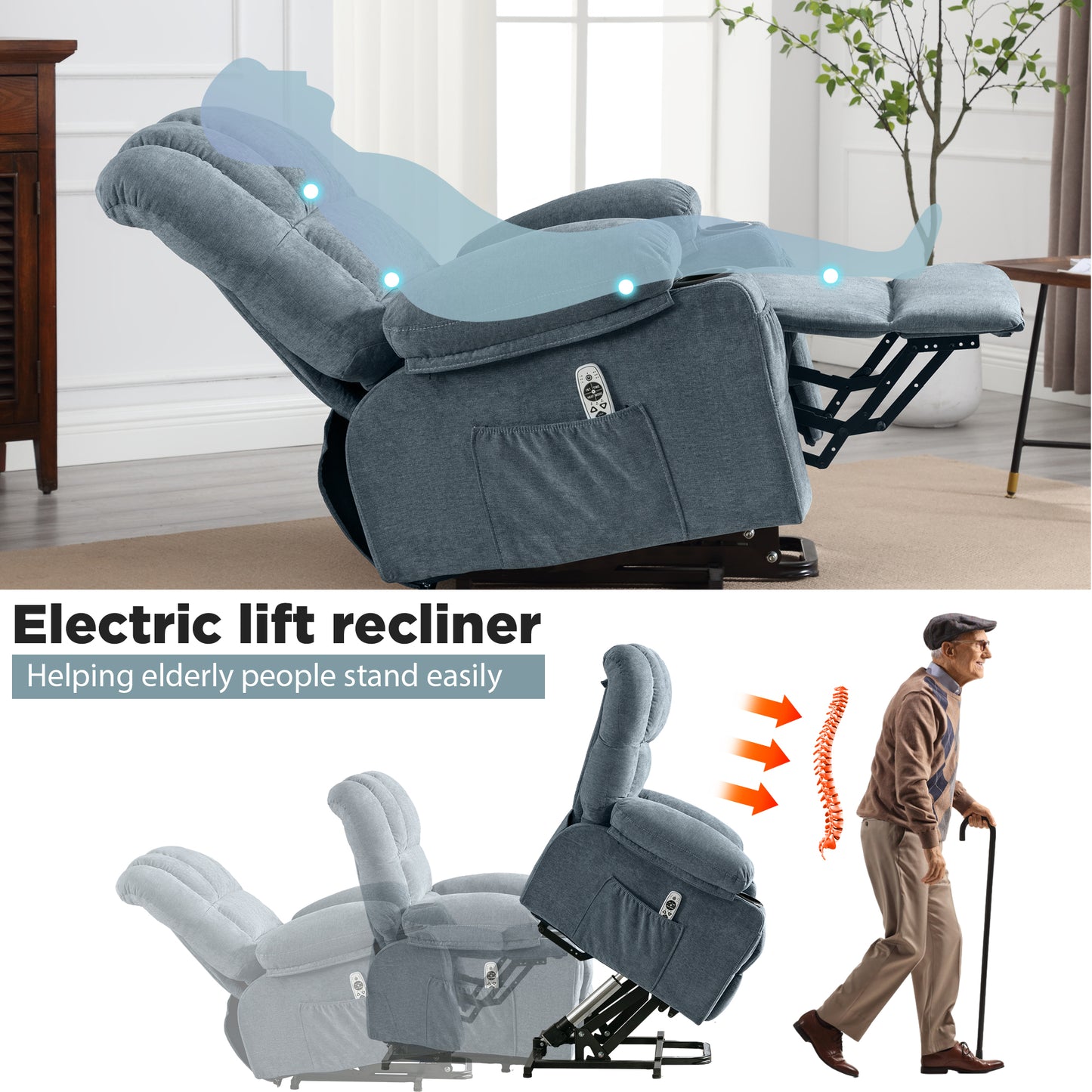 HSUNNS Power Lift Recliner Chair with Heat and Vibration Massage, Fabric Elderly Oversized Reclining Sofa with USB Charge Port, Cup Holders and Side Pockets for Bedroom Home Theater, Blue