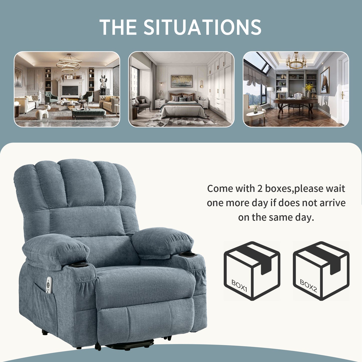 HSUNNS Power Lift Recliner Chair with Heat and Vibration Massage, Fabric Elderly Oversized Reclining Sofa with USB Charge Port, Cup Holders and Side Pockets for Bedroom Home Theater, Blue
