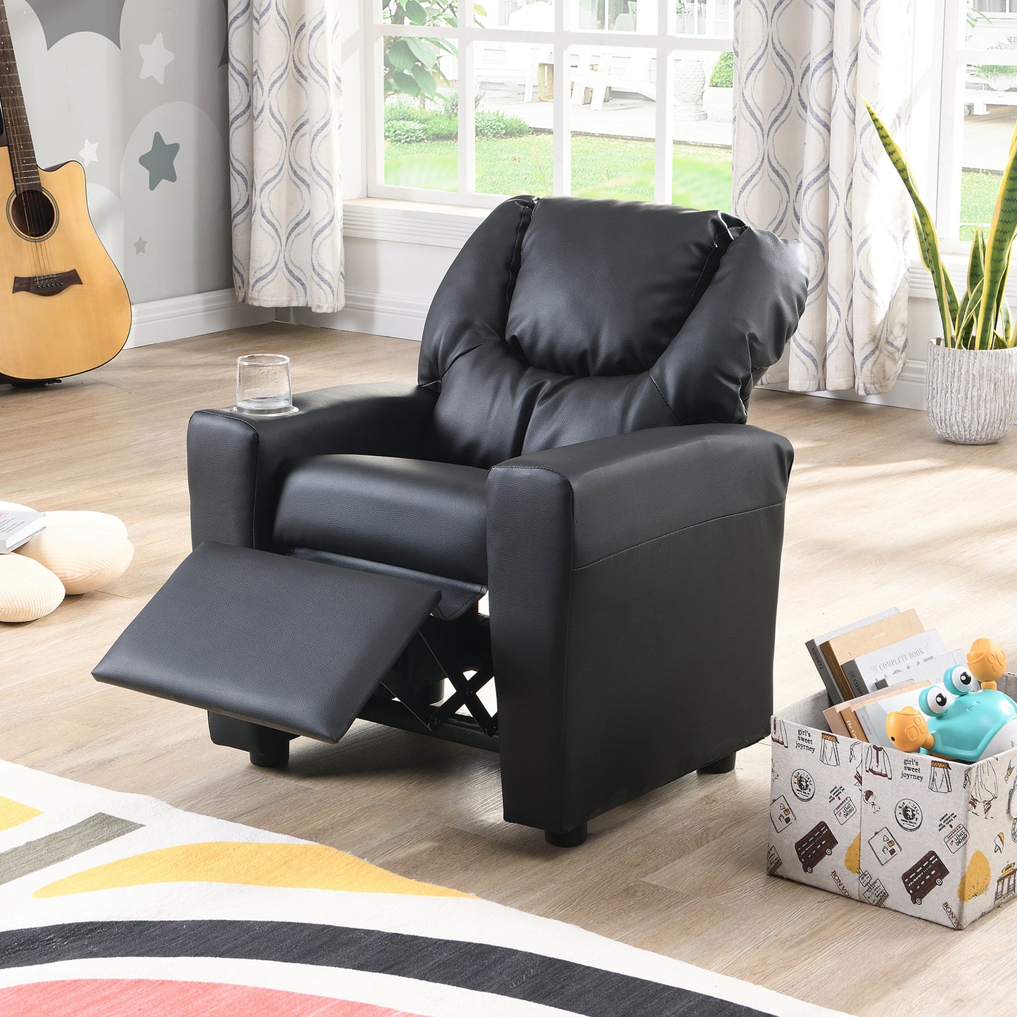 Kids Recliner Chair, Upholstered Single Sofa Couch with Cup Holder for Boys Girls and Kids, Ergonomic Design Toddlers Velvet Recliners with Headrest and Footrest for Lounging and Sleeping, Brown