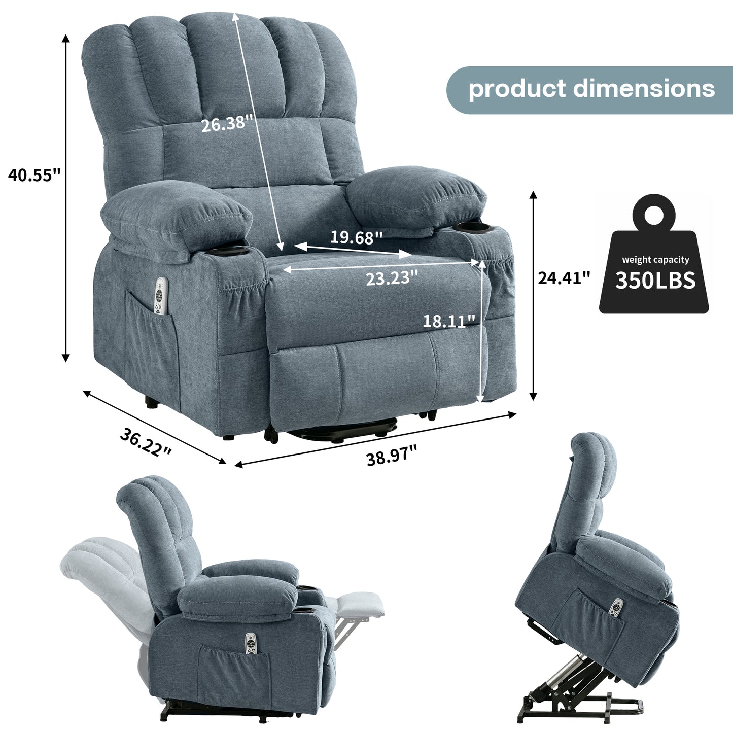 HSUNNS Power Lift Recliner Chair with Heat and Vibration Massage, Fabric Elderly Oversized Reclining Sofa with USB Charge Port, Cup Holders and Side Pockets for Bedroom Home Theater, Blue