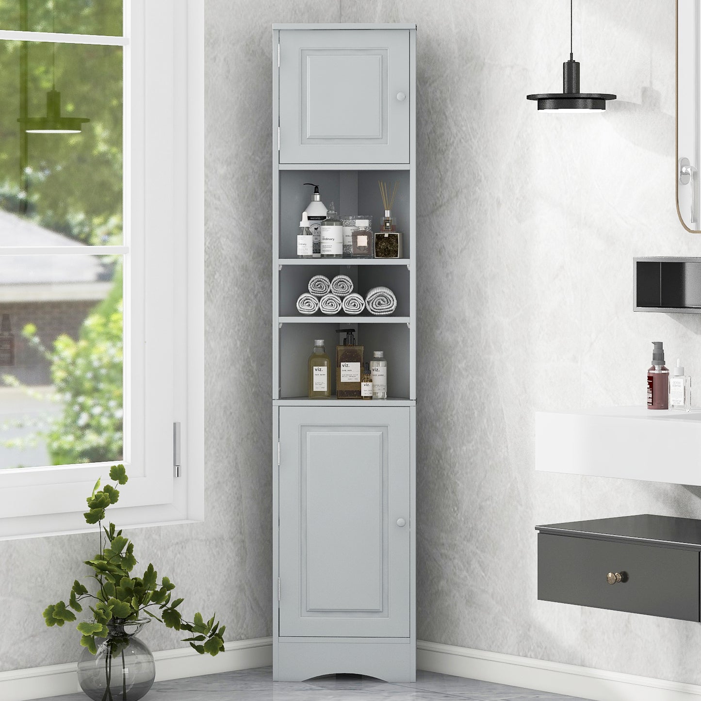 HSUNNS 67-inch Tall Corner Storage Cabinet with Doors & Shelves, Freestanding Storage Cabinet for Bathroom, Living Room, Kitchen