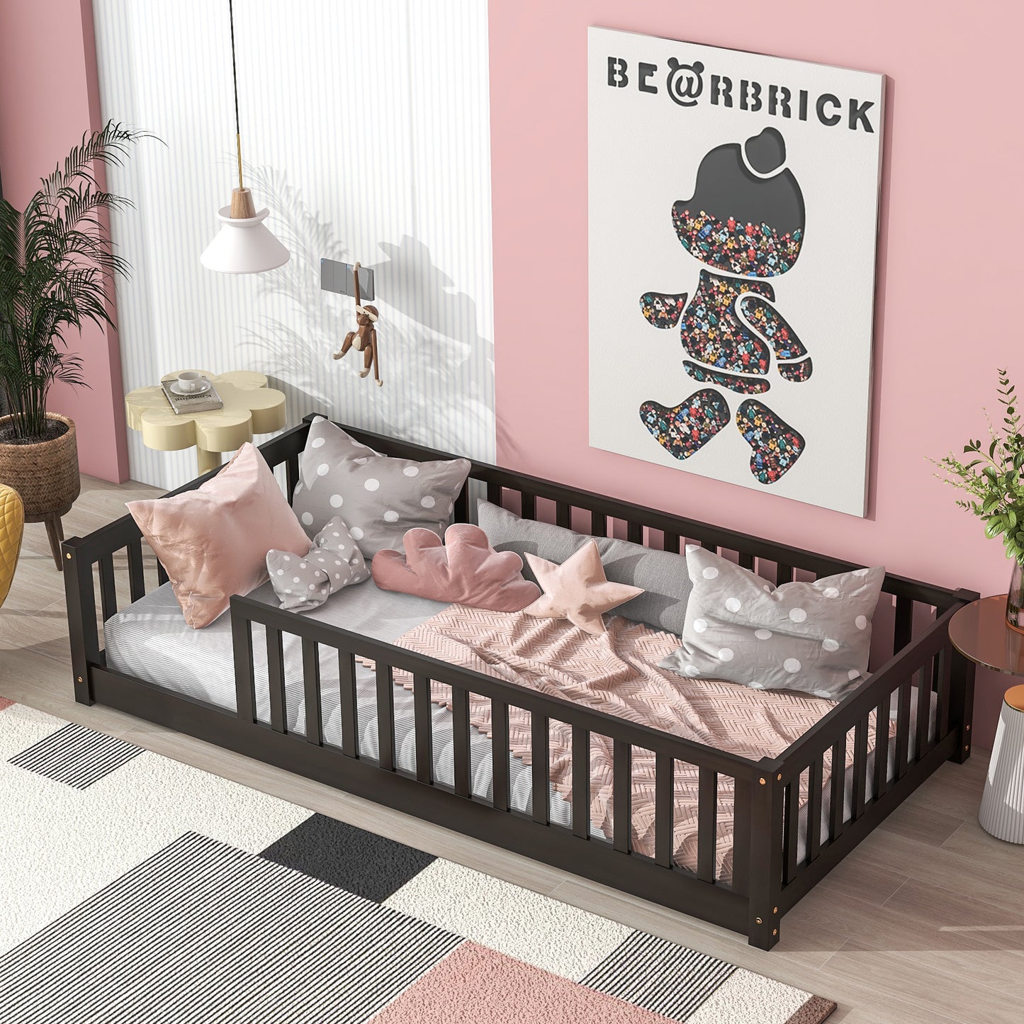 Toddler Floor Bed with Fence, HSUNNS Twin Size Floor Platform Bed with No Door Design, Wood Toddler Bed Montessori Bed Frame for Girls Boys Kids, No Box Spring Needed, Easy Assembly
