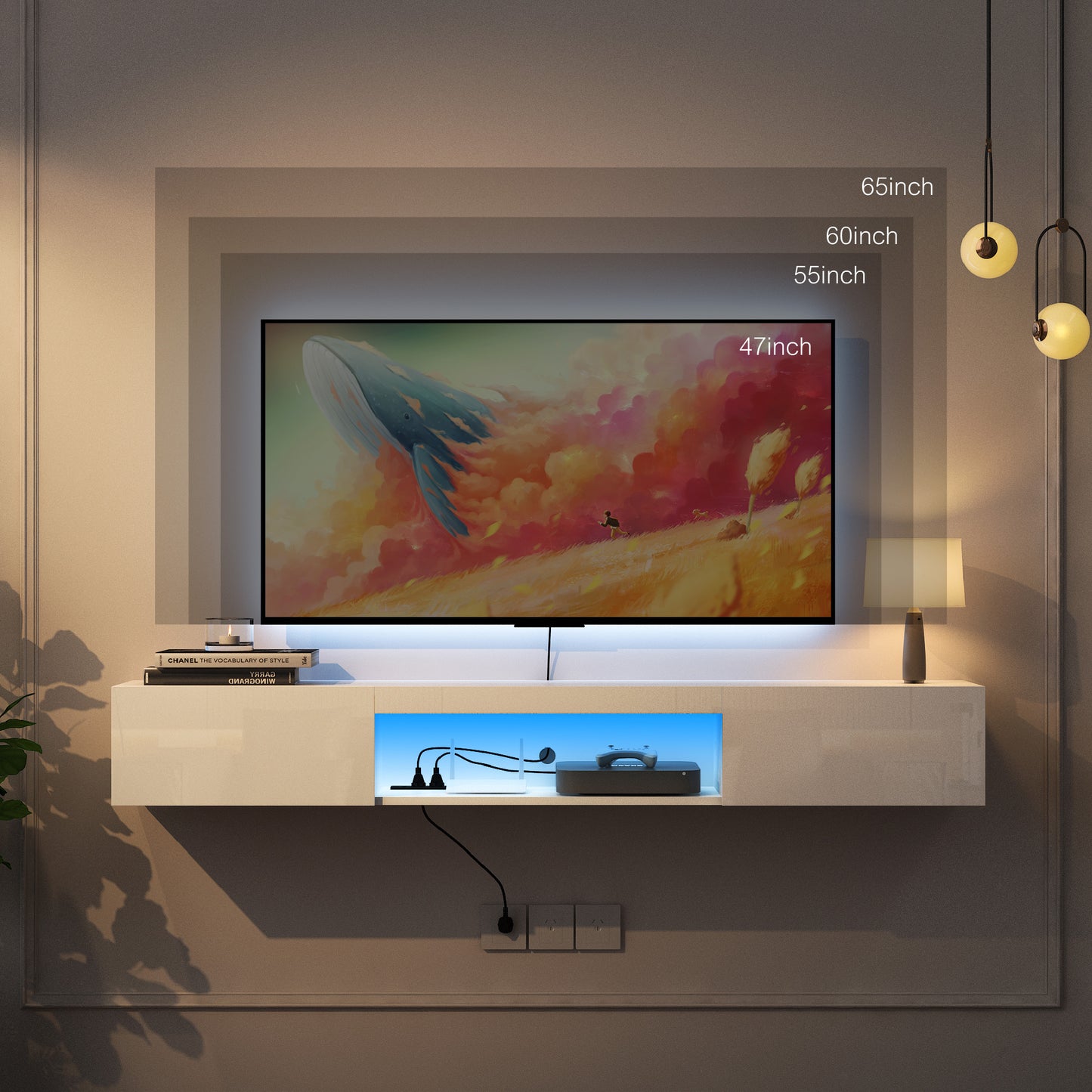 Floating TV Stand for 65 Inch TVs, HSUNNS White Wall Mounted Floating Entertainment Center with Lights and Charge Station, Modern TV Stand Media TV Cabinet for Living Room, Size: 62.99x12.2x8.66 in