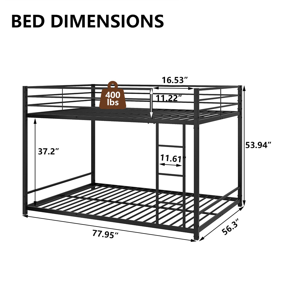 Full Over Full Bunk Bed, HSUNNS Modern Metal Bunk Bed Frame, Full Size Floor Bunkbeds with Guardrails Ladder, Slatted Support, No Box Spring Needed, Kids Bedroom Furniture, Up to 400lbs Capacity