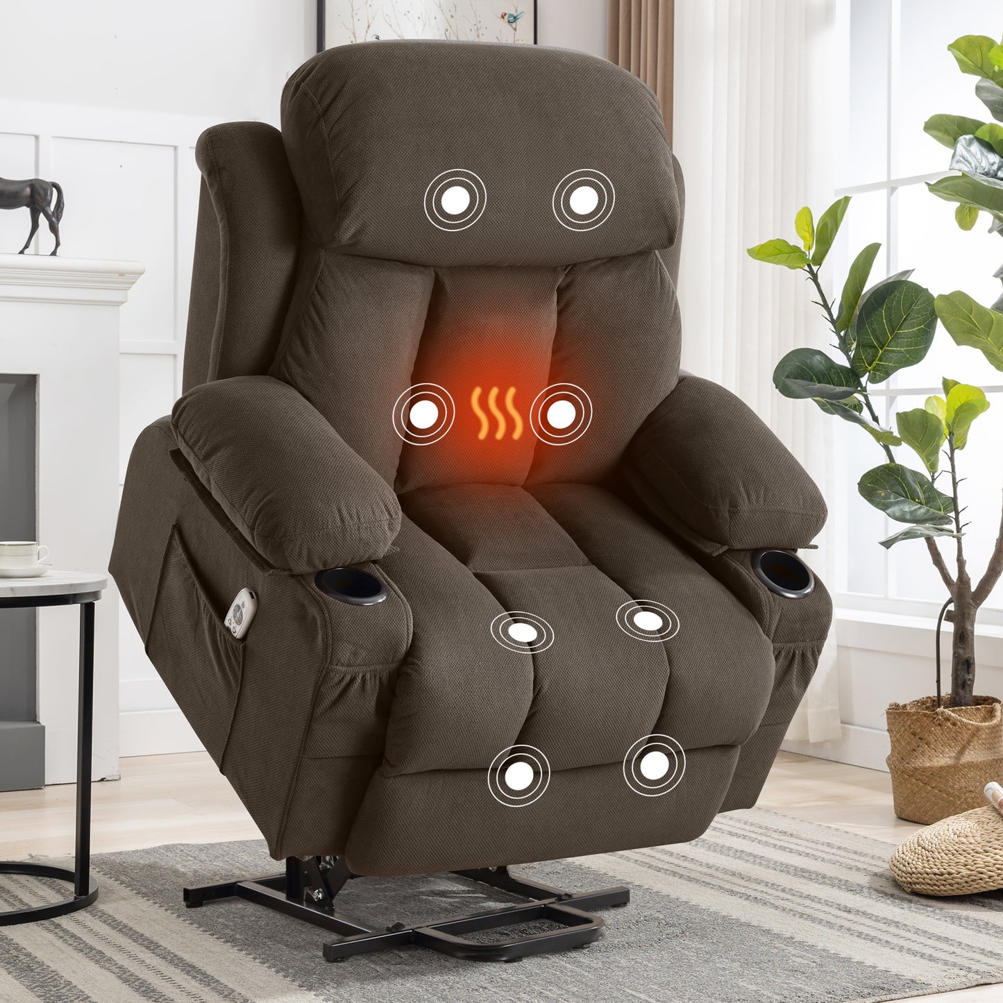 HSUNNS Power Lift Recliner Chair for Adult, Fabric Single Electric Recliner with Massage and Heat, Living Room Chair with USB Charge Port, Cup Holder, Side and Front Pocket, Beige