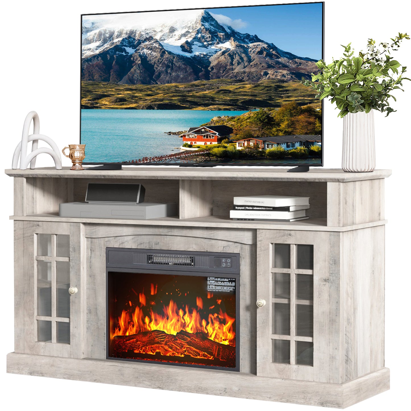 Fireplace TV Stand for 70inch TV, HSUNNS Farmhouse TV Stand with 24in Electric Fireplace, LED Lights Electric Entertainment Center with 3 Drawers, Modern Living Room Furniture