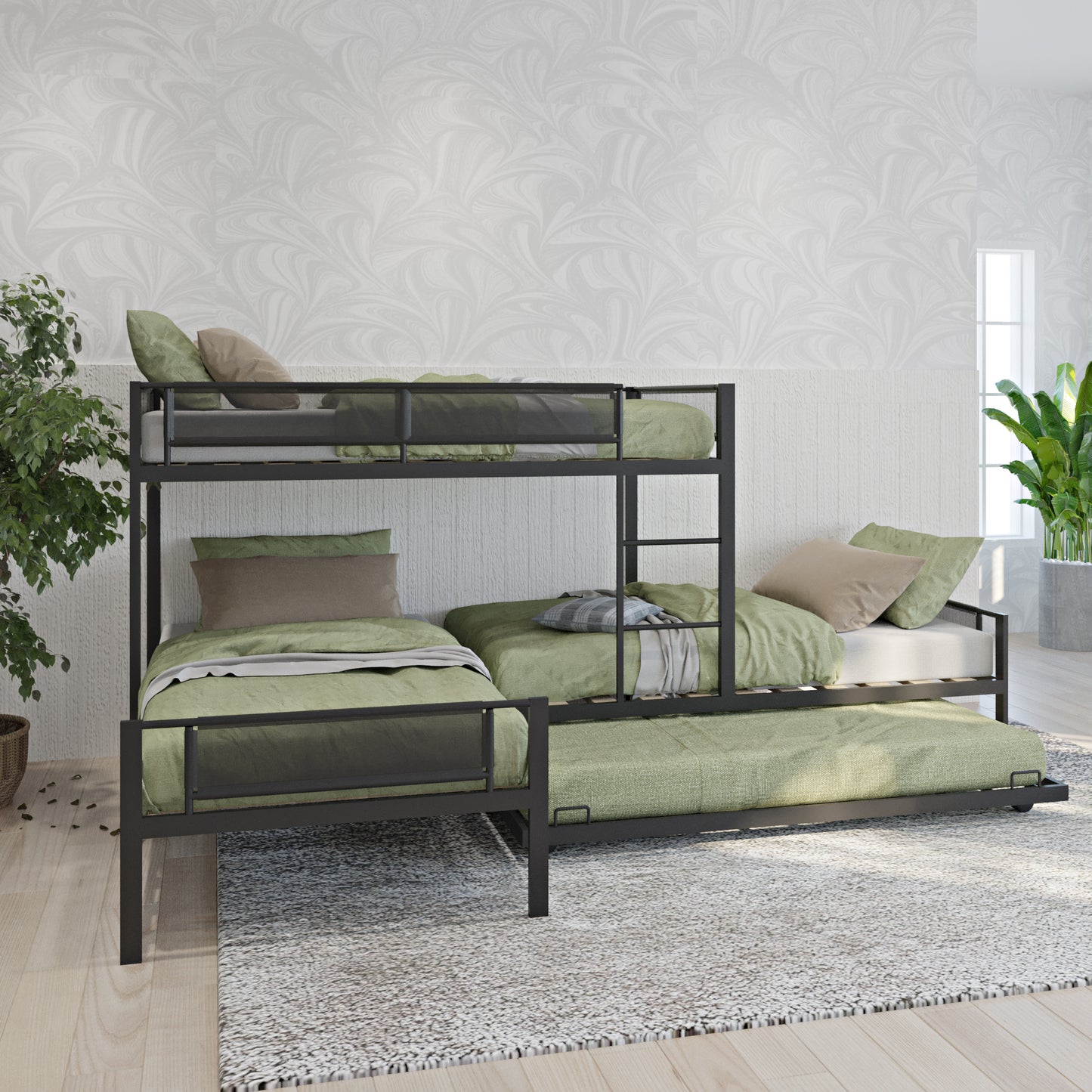 Triple Bunk Bed with Trundle, HSUNNS L-Shaped Twin Over Twin & Twin Metal Bunk Bed | Space-Saving Loft Bunk Bed for 3 | with Ladder and Full-length Guardrail | 250lbs Weight Capacity