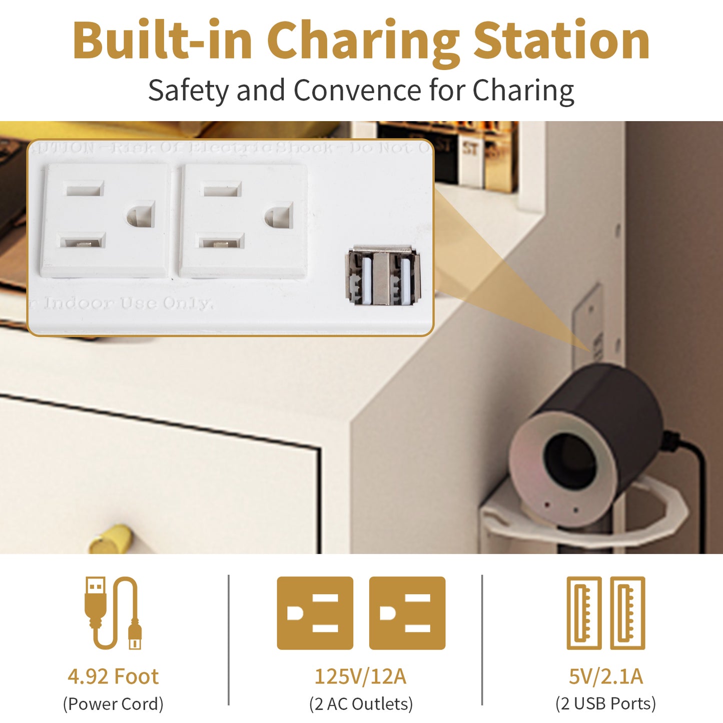 HSUNNS Small Vanity Desk with Round Mirror and LED Light, Modern Makeup Desk with Drawers, Upholstered Stool with Drawers, Charging Station, 3 Hooks, Storage Shelves,Hair Dryer Rack, White