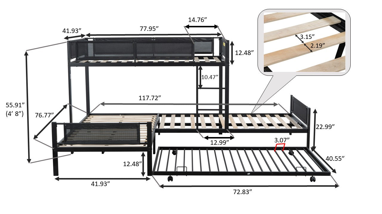 Triple Bunk Bed with Trundle, HSUNNS L-Shaped Twin Over Twin & Twin Metal Bunk Bed | Space-Saving Loft Bunk Bed for 3 | with Ladder and Full-length Guardrail | 250lbs Weight Capacity