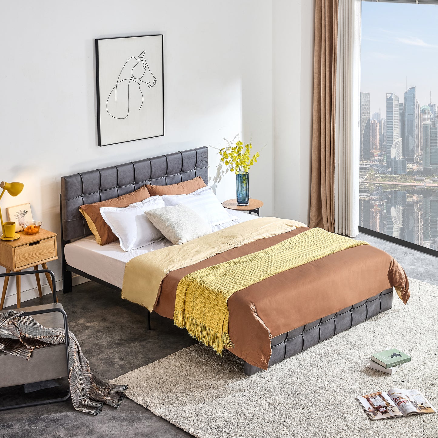 Gray King Bed Frame, HSUNNS Tech cloth King Size Platform Bed with Square Headboard and Footboard, Low Profile Platform Bed Frame, Heavy-Duty Metal Frame, Upholstered Headboard