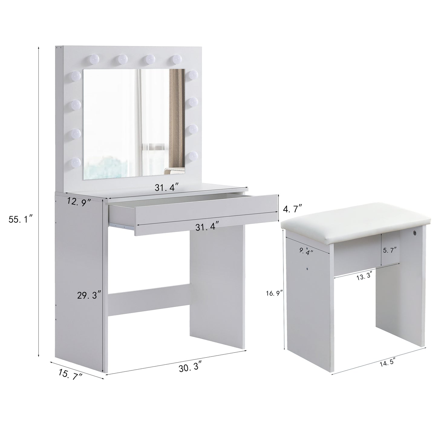 HSUNNS Vanity Set with Lighted Mirror, Modern 1 Drawer Makeup Dressing Desk with Cushion Stool, Vanity Table Desk with Storage, Bedroom Vanities Set for Girls Women, White