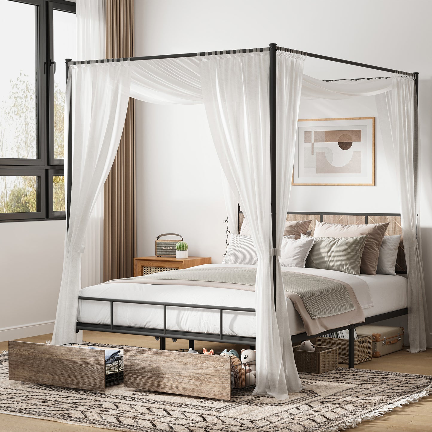 HSUNNS Queen Bed Frame, Queen Size Canopy Bed Frame with 2 Storage Drawers, Wooden Headboard and Footboard, Metal Platform Bed with Under-Bed Storage, No Box Spring Needed, Black+Brown