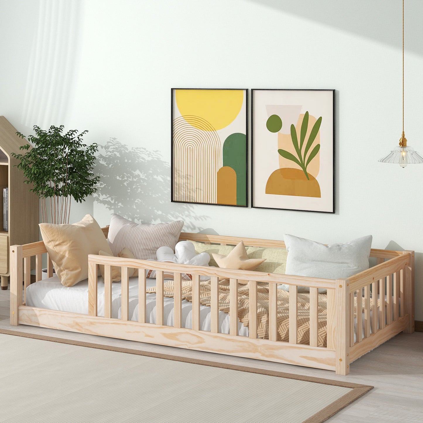 Toddler Floor Bed with Fence, HSUNNS Twin Size Floor Platform Bed with No Door Design, Wood Toddler Bed Montessori Bed Frame for Girls Boys Kids, No Box Spring Needed, Easy Assembly