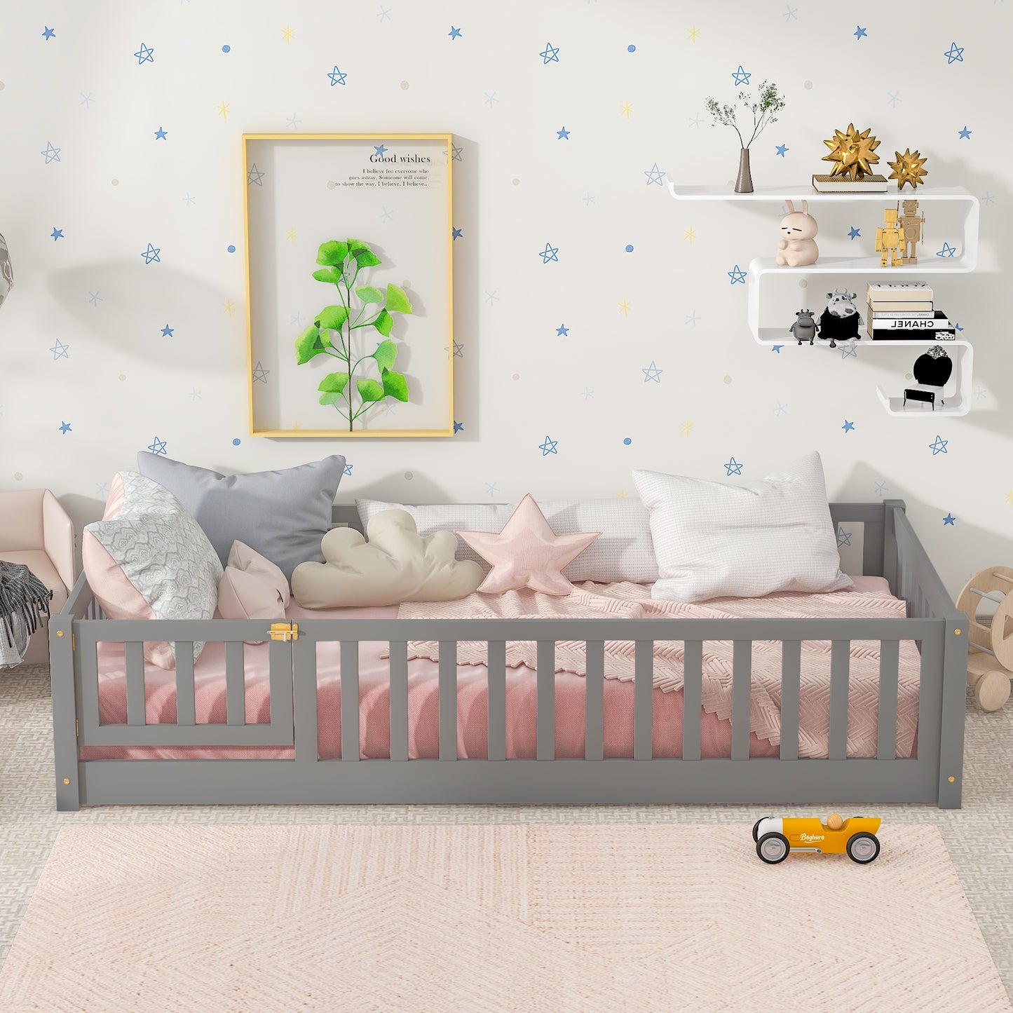 Twin Size Floor Bed for Kids, HSUNNS Twin Size Wood Toddler Floor Bed with Fence and Door, Twin Bed Montessori Floor Bed No Box Spring needed, Toddler Bed for Boys Girls, Slats Support, Gray