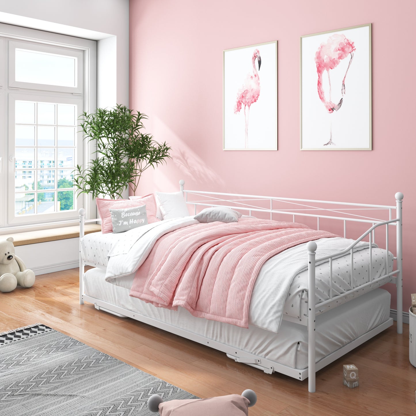 Twin Size Daybed with Trundle, HSUNNS Twin Bed Metal Daybed for Kids and Adults, Metal Sofa Bed With Pop Up Trundle Bed And Slat Support, 250lbs Weight Capacity
