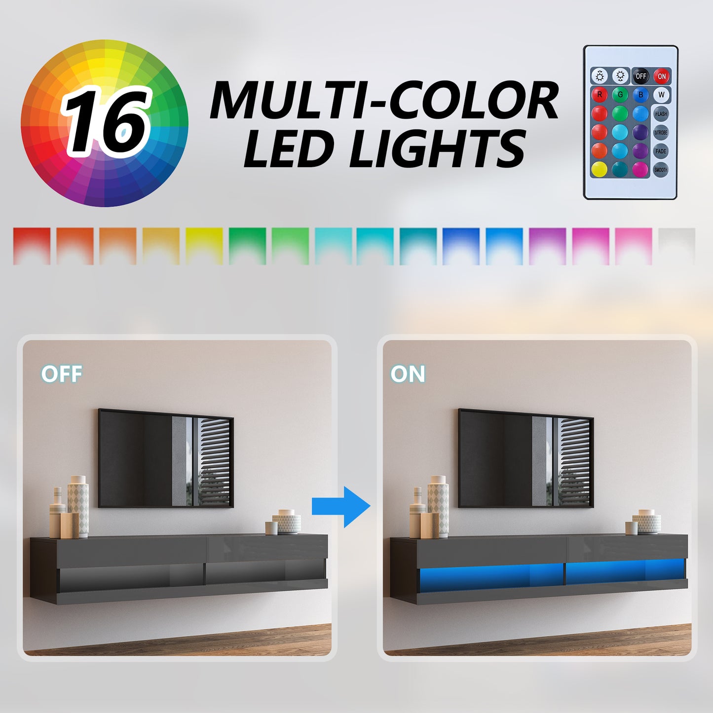 Floating TV Stand with LED Lights, HSUNNS Wall Mounted Floating Entertainment Center for up to 80" TVs, Modern Wood TV Stand Media TV Cabinet for Living Room, Bedroom, 70.9x16.5x11.8in, Black