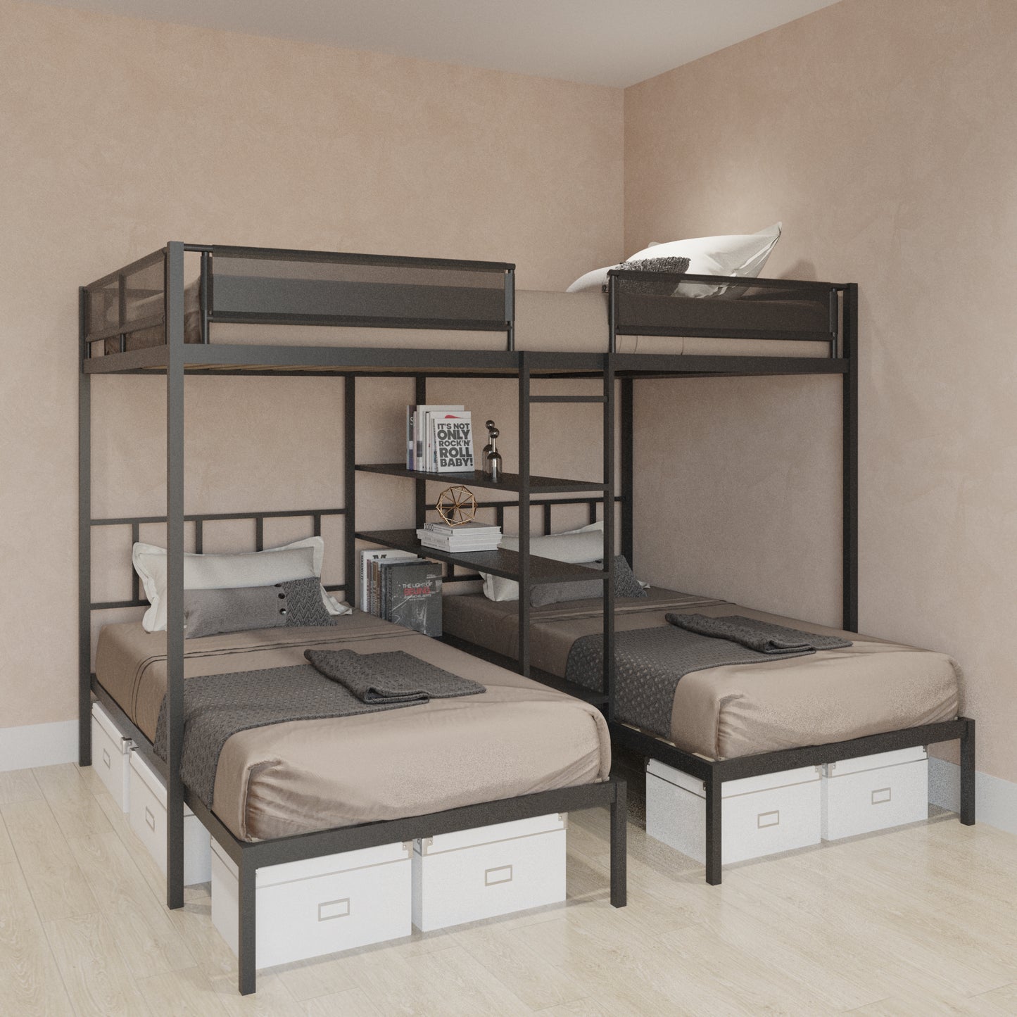 Triple Bed for Kids, HSUNNS Twin Over Twin & Twin Metal Bunk Bed with Shelves, Space-saving Triple Bunk Beds with Ladder and Full-length Guardrail, 250lbs Weight Capacity