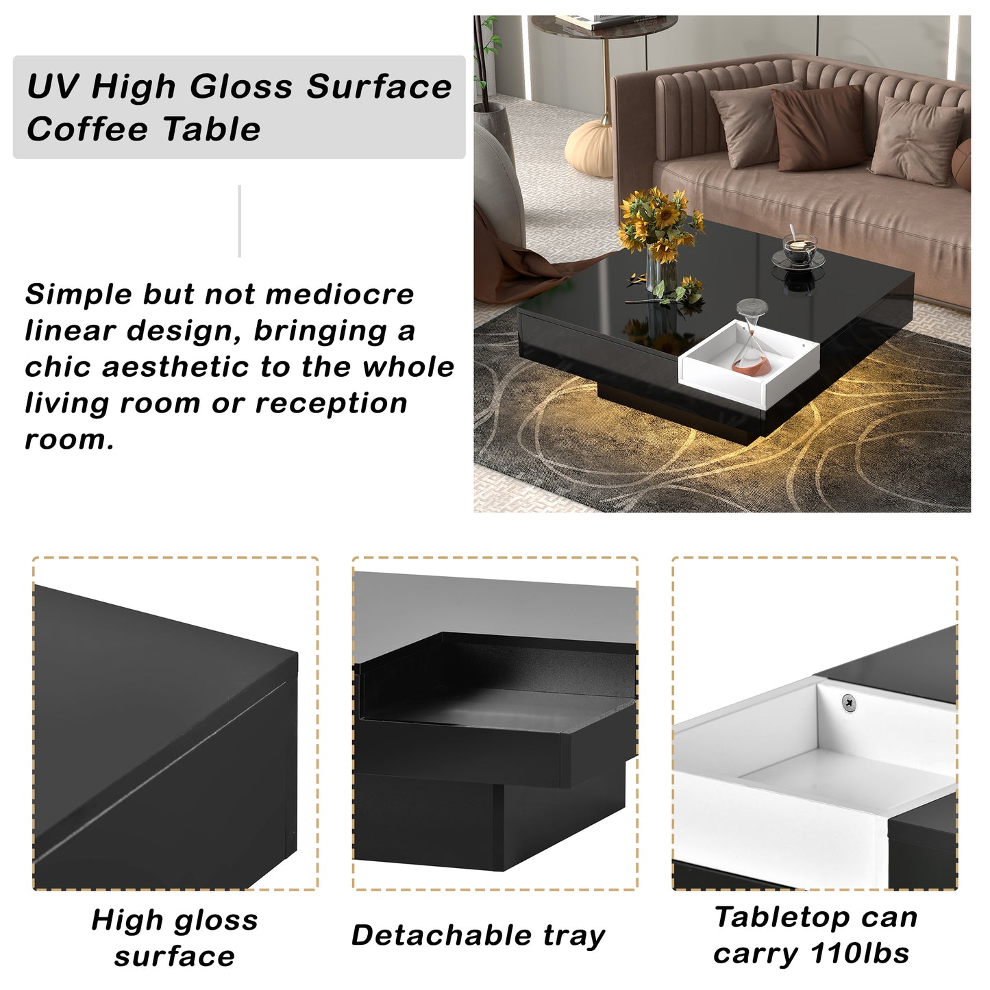 LED Coffee Table, HSUNNS Square High Gloss Coffee Table with LED Lights for Living Room, Sofa Centre Table End Side Table with Detachable Tray and Remote Control, 31.5x31.5 in