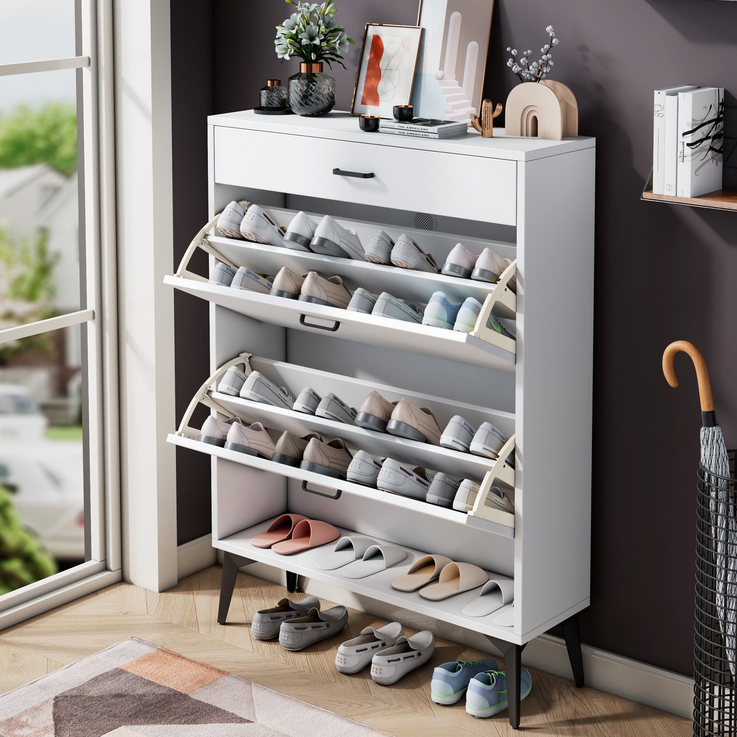 Shoe Storage Cabinet, HSUNNS 20Pair Shoe Rack Organizer with 2 Flip Drawers for Entryway, Free Standing Shoe Storage Rack with Drawers and Open Shelf, Black