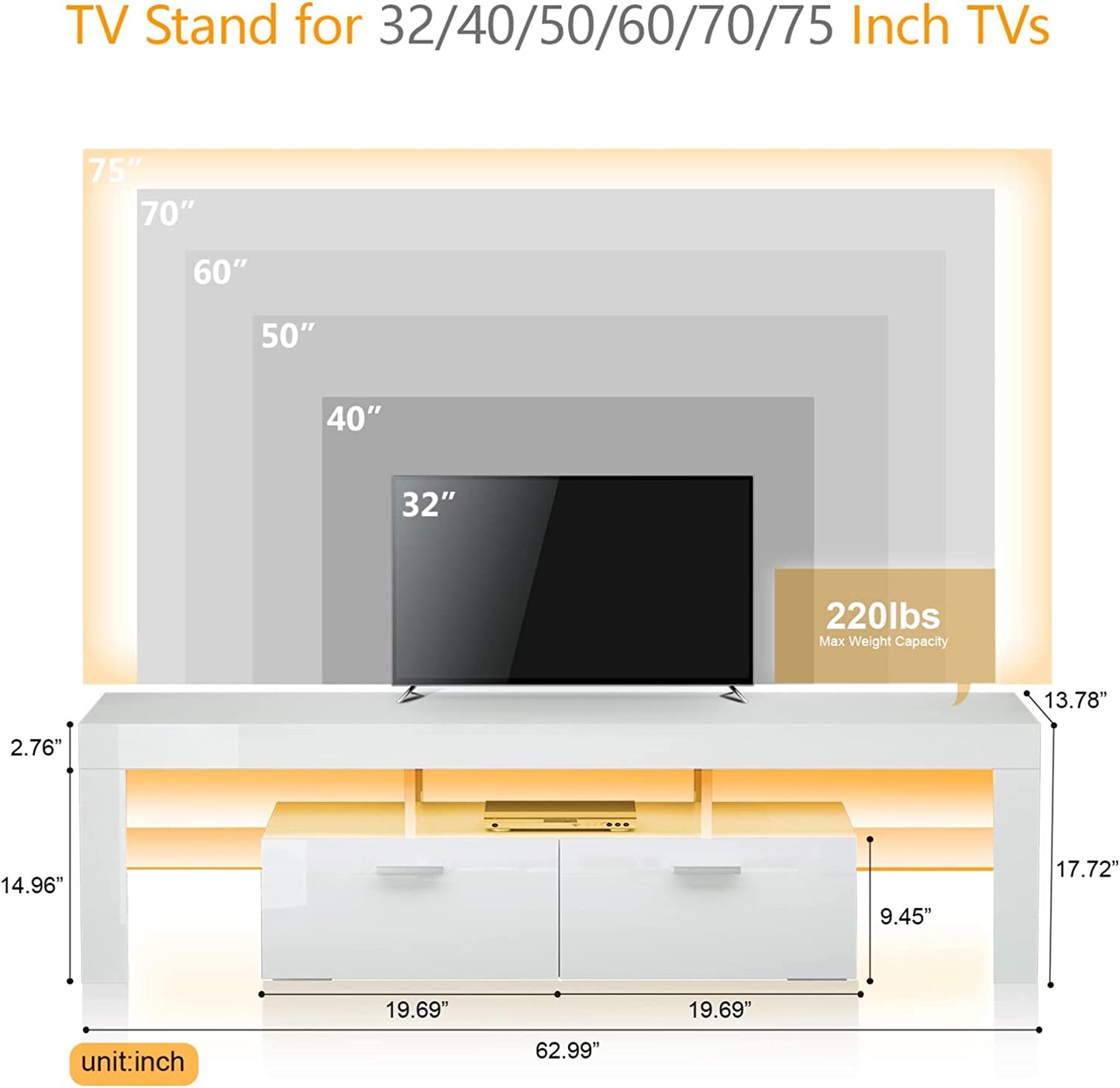 TV Stand for 80“ TVs, HSUNNS High Glossy Front Entertainment Centers TV Cabinet with 16 RGB Lights, Modern TV Media Furniture for Living Room Bedroom, 20min Quick Assemble