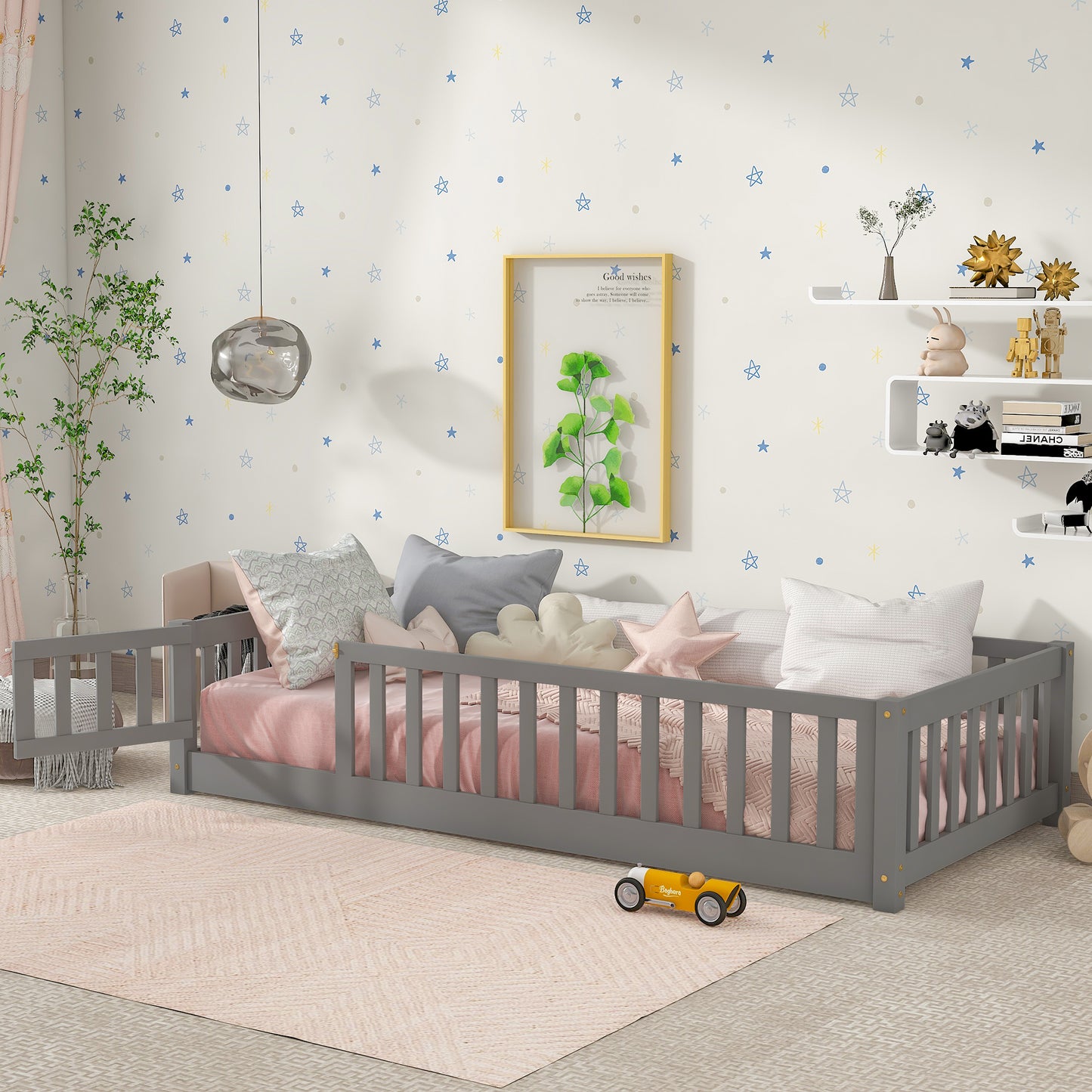 Twin Size Floor Bed for Kids, HSUNNS Twin Size Wood Toddler Floor Bed with Fence and Door, Twin Bed Montessori Floor Bed No Box Spring needed, Toddler Bed for Boys Girls, Slats Support, Gray