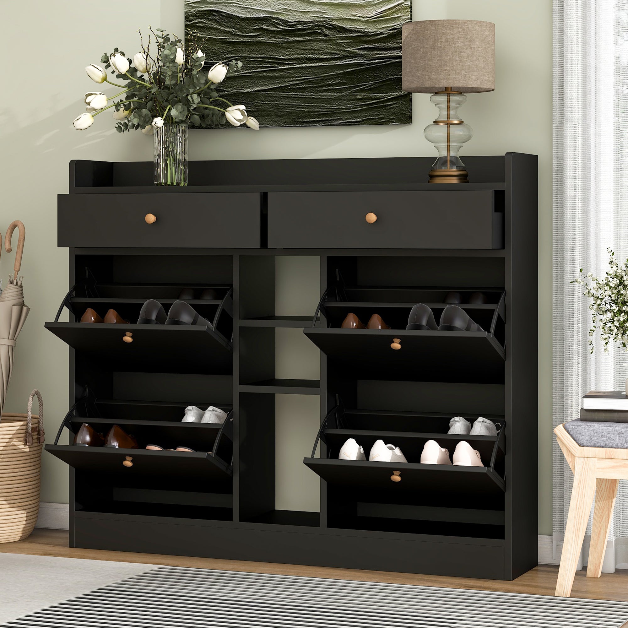 Shoe Cabinet with 2 Flip Drawers for Entryway, Modern Shoe Rack Shoe  Organiazer with Drawer, Shoe Storage Cabinet, Black (31.49*9.44*43.30  inches) 