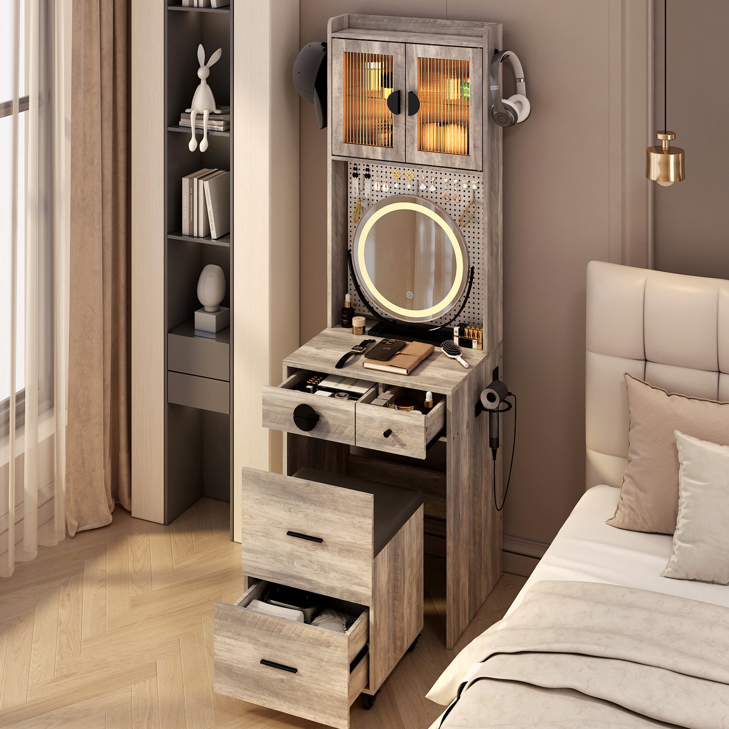 HSUNNS Small Vanity Desk with Round Mirror and LED Light, Modern Makeup Desk with Drawers, Upholstered Stool with Drawers, Charging Station, 3 Hooks, Storage Shelves,Hair Dryer Rack, White