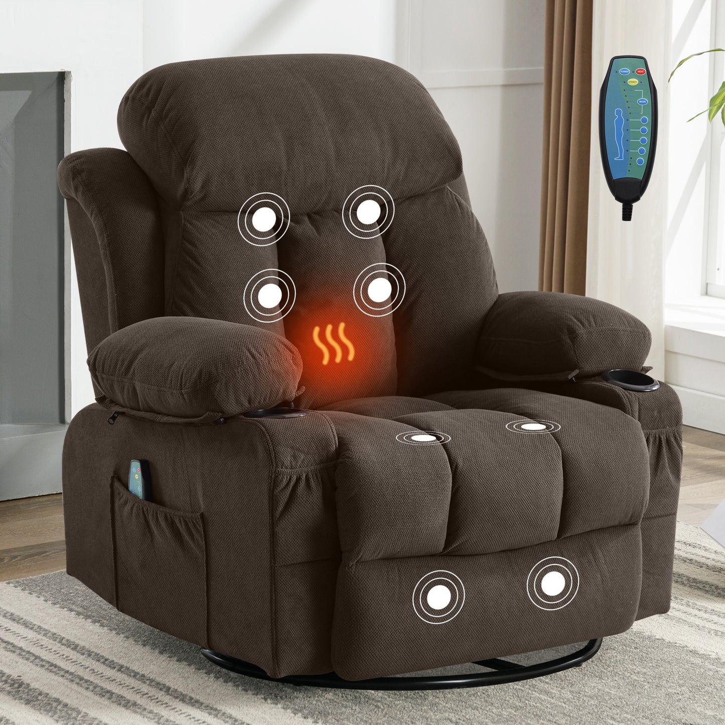 SYNGAR Oversized Recliner Chair, 360° Swivel Rocker Reclining Chair with Massage and Heat Function, USB, Cup Holders and Side Pockets, Living Room Single Sofa Seat Nursery Lounge Chair, Gray
