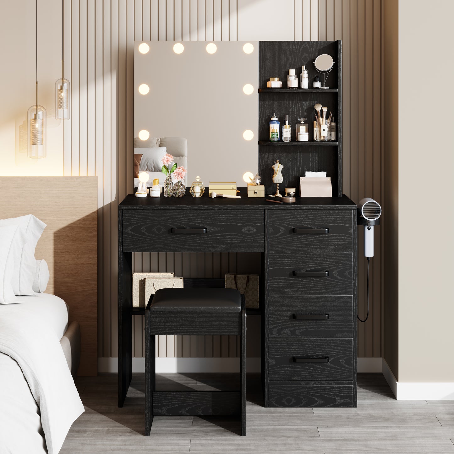 HSUNNS Small Vanity Desk with Mirror and Light, Modern Vanity Set with Upholstered Stool, Wood Makeup Table with 5 Drawers and Open Shelves, Anti-tipping, Hair Dryer Rack, White