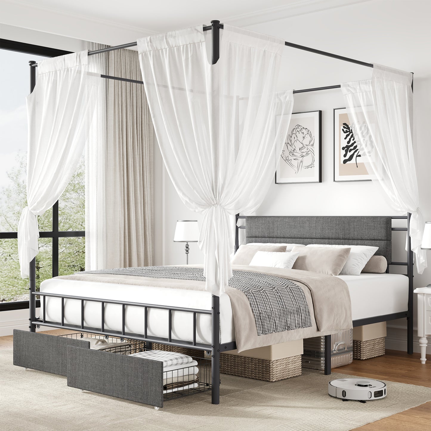 HSUNNS Queen Bed Frame, Queen Size Canopy Bed Frame with 2 Storage Drawers, Wooden Headboard and Footboard, Metal Platform Bed with Under-Bed Storage, No Box Spring Needed, Black+Brown