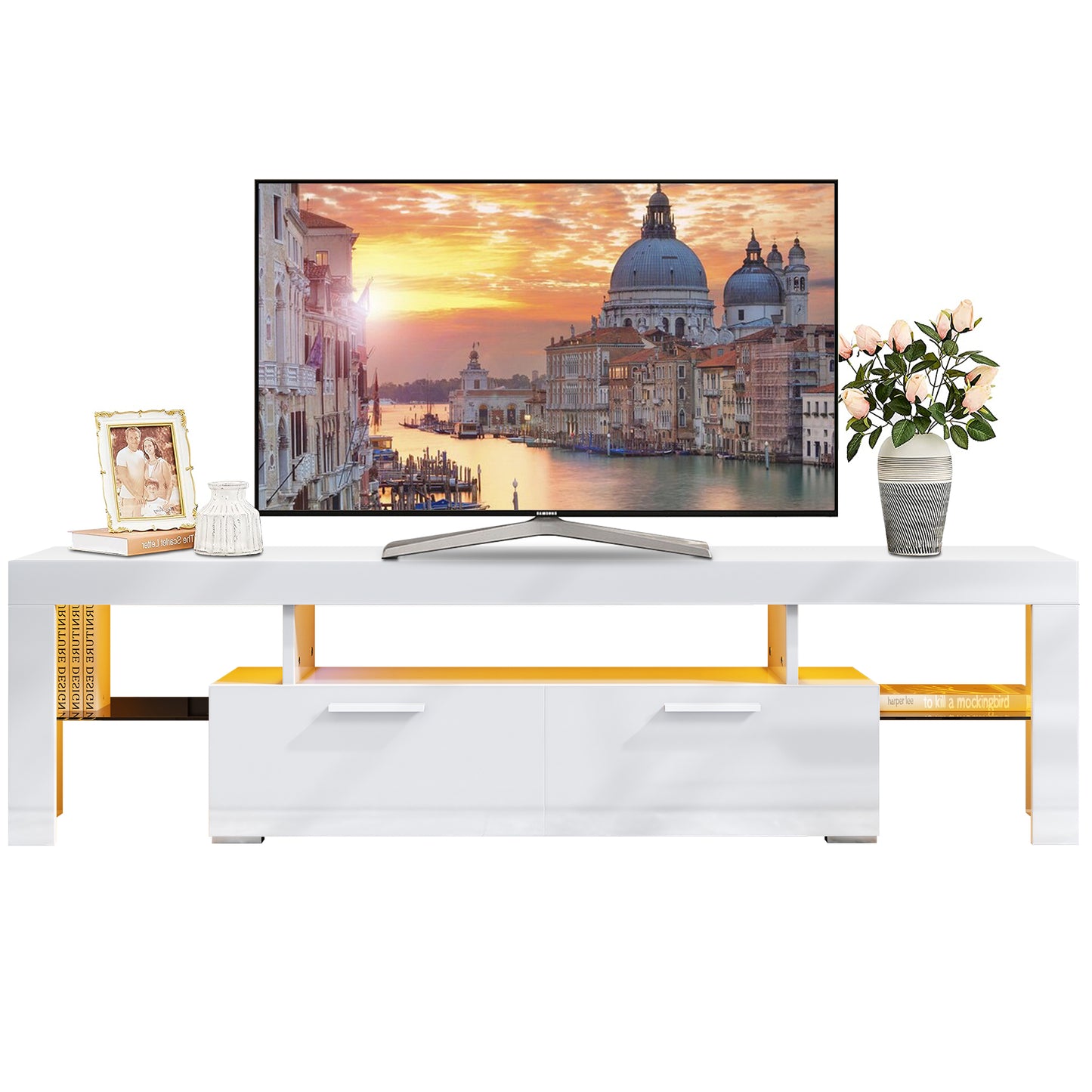 TV Stand for 80“ TVs, HSUNNS High Glossy Front Entertainment Centers TV Cabinet with 16 RGB Lights, Modern TV Media Furniture for Living Room Bedroom, 20min Quick Assemble