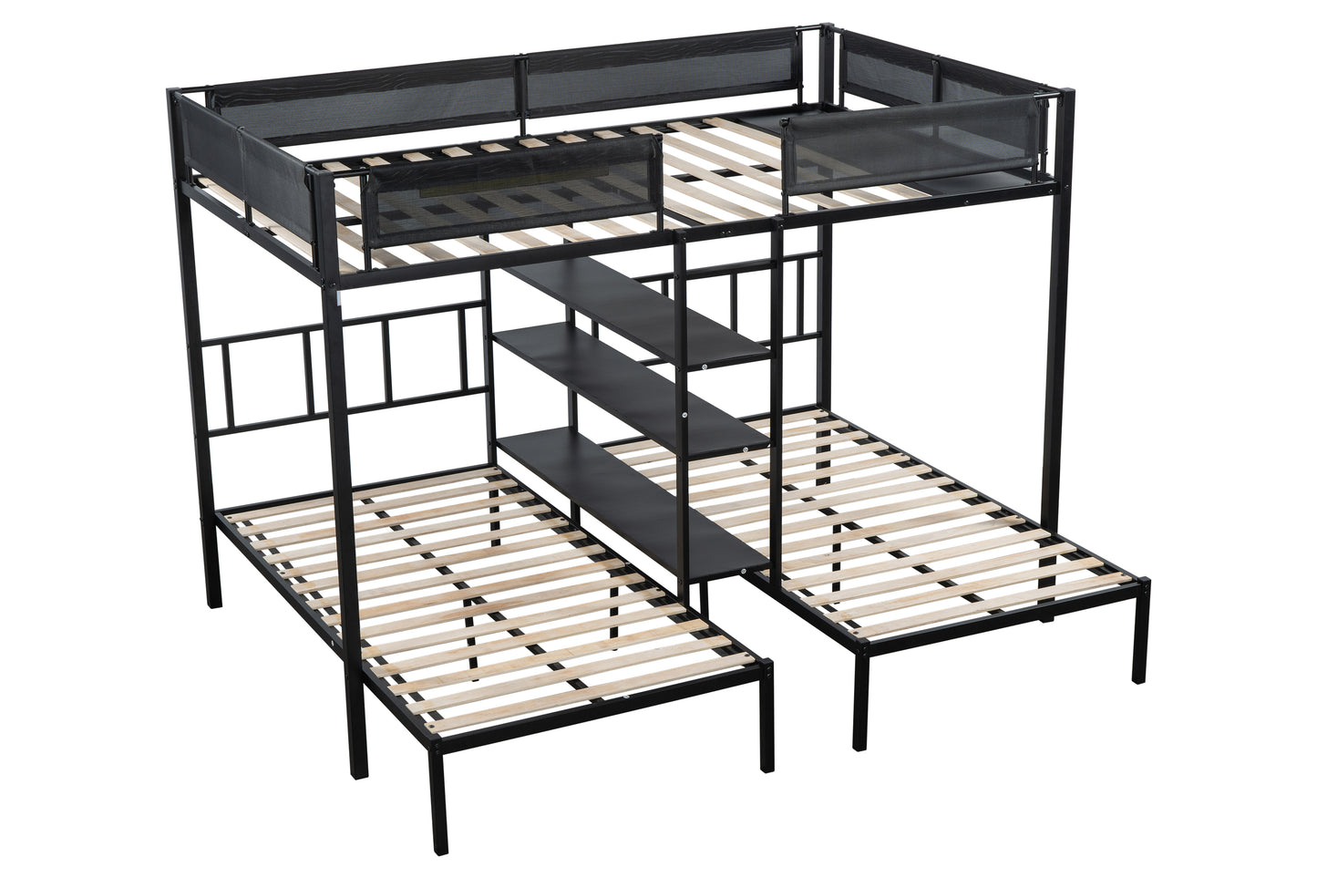 Triple Bed for Kids, HSUNNS Twin Over Twin & Twin Metal Bunk Bed with Shelves, Space-saving Triple Bunk Beds with Ladder and Full-length Guardrail, 250lbs Weight Capacity