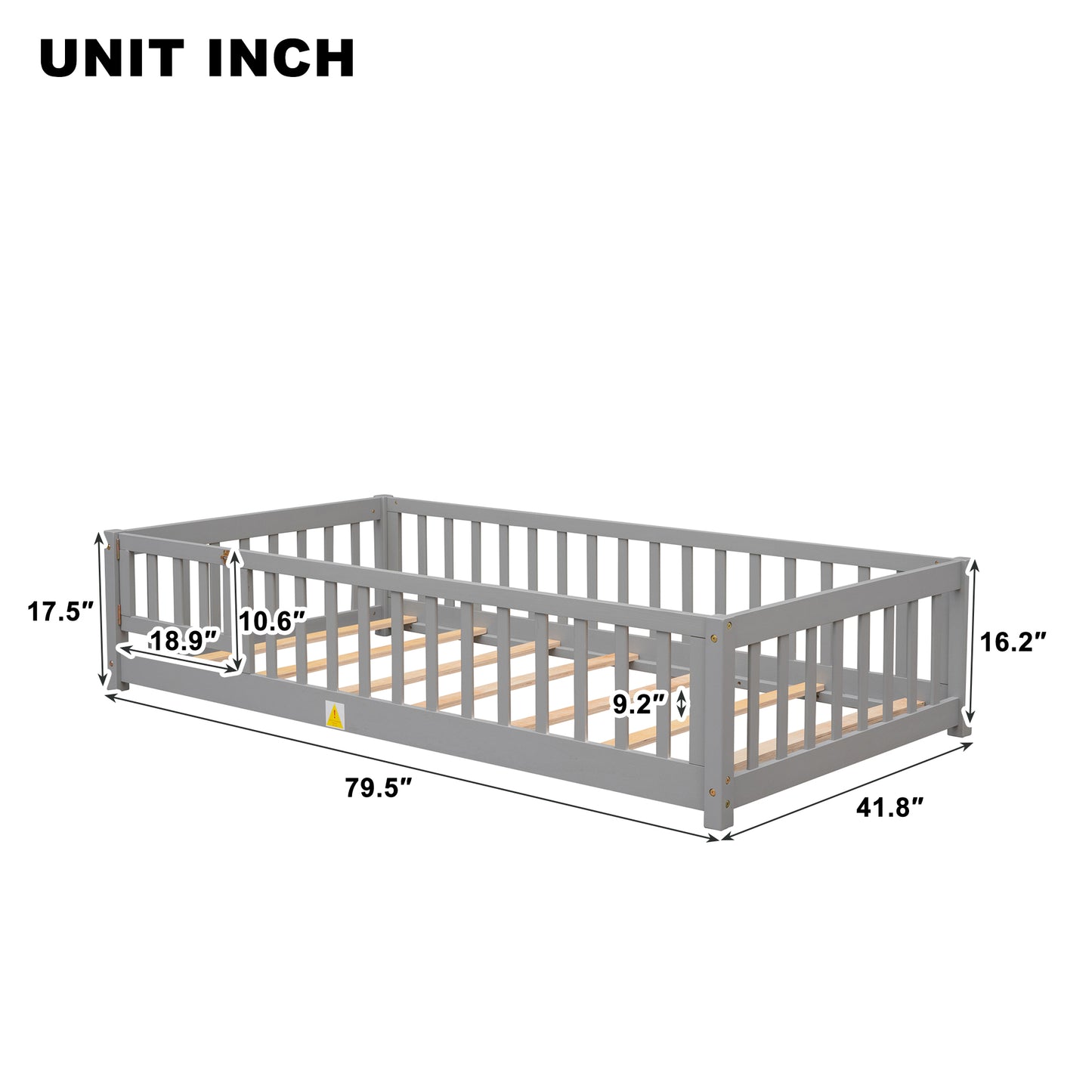 Twin Size Floor Bed for Kids, HSUNNS Twin Size Wood Toddler Floor Bed with Fence and Door, Twin Bed Montessori Floor Bed No Box Spring needed, Toddler Bed for Boys Girls, Slats Support, Gray