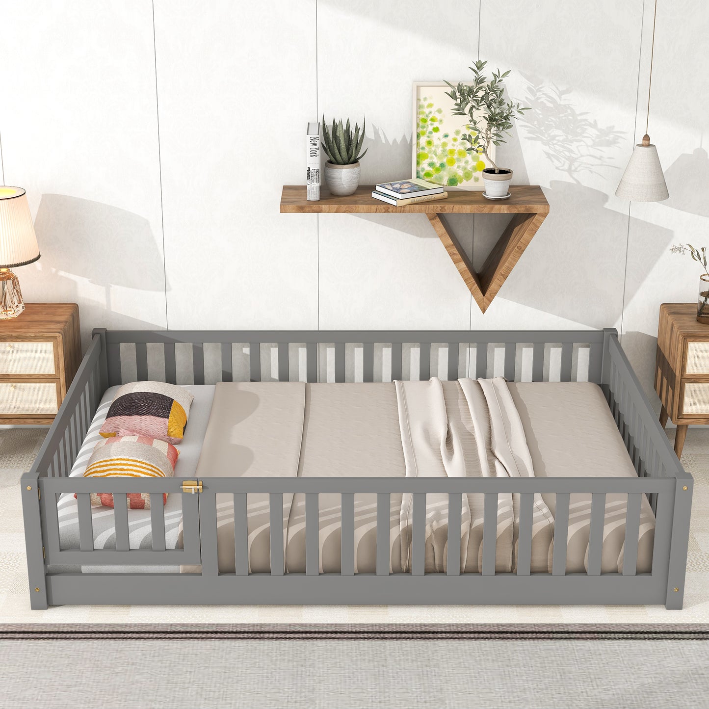 Twin Size Floor Bed for Kids, HSUNNS Twin Size Wood Toddler Floor Bed with Fence and Door, Twin Bed Montessori Floor Bed No Box Spring needed, Toddler Bed for Boys Girls, Slats Support, Gray