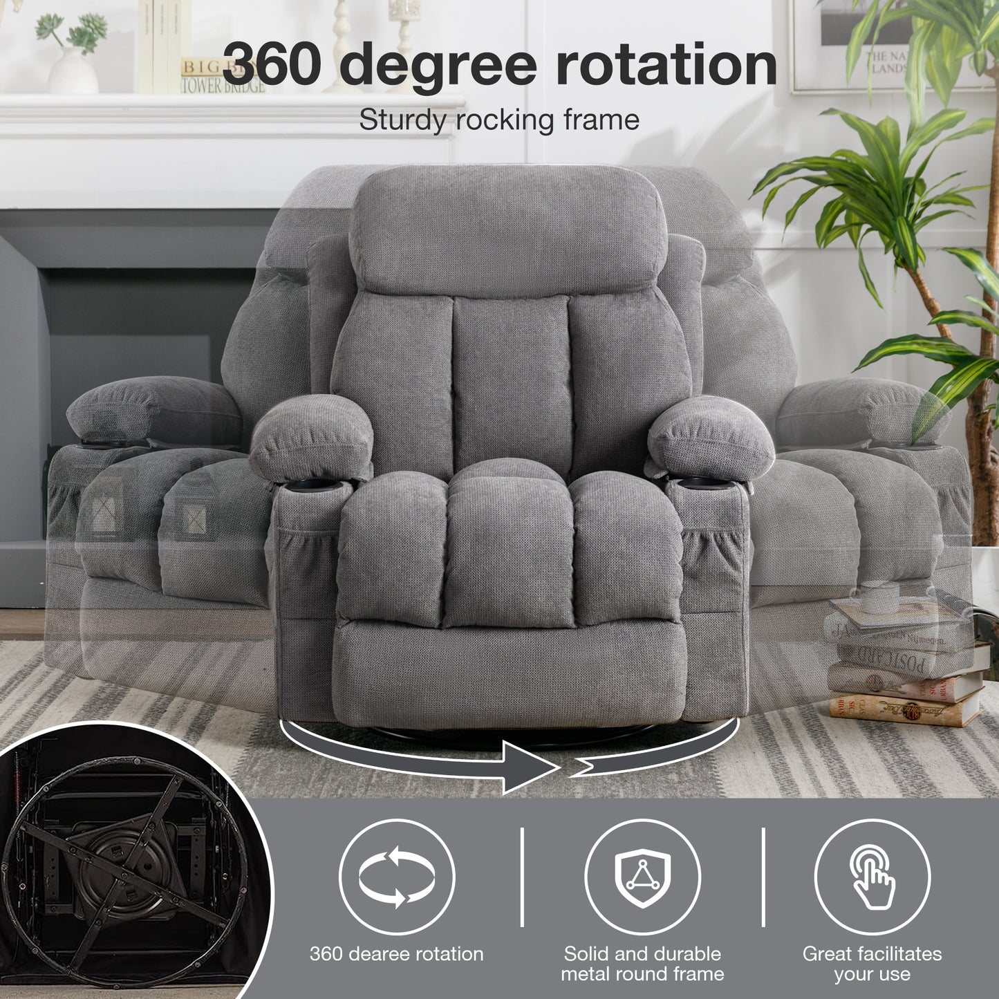 HSUNNS Swivel Recliner Chair with Massage and Heat for the Elderly, Oversized Recliner for Living Room with Cup Holders and USB Port, Side Pockets, Comfortable Backrest and Armrests, Gray