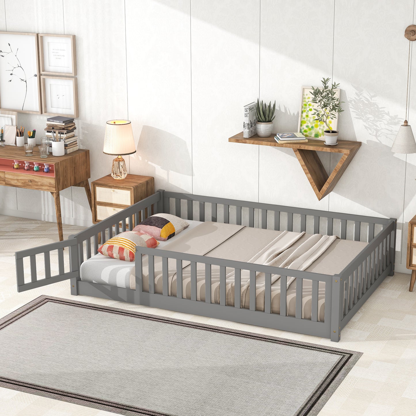 Twin Size Floor Bed for Kids, HSUNNS Twin Size Wood Toddler Floor Bed with Fence and Door, Twin Bed Montessori Floor Bed No Box Spring needed, Toddler Bed for Boys Girls, Slats Support, Gray