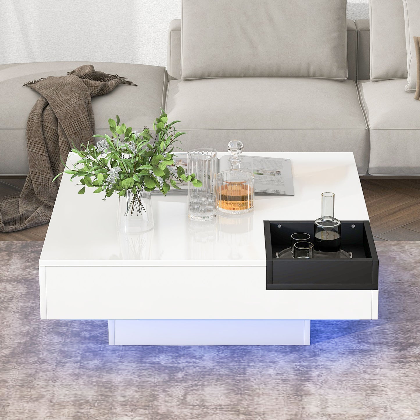 LED Coffee Table, HSUNNS Square High Gloss Coffee Table with LED Lights for Living Room, Sofa Centre Table End Side Table with Detachable Tray and Remote Control, 31.5x31.5 in