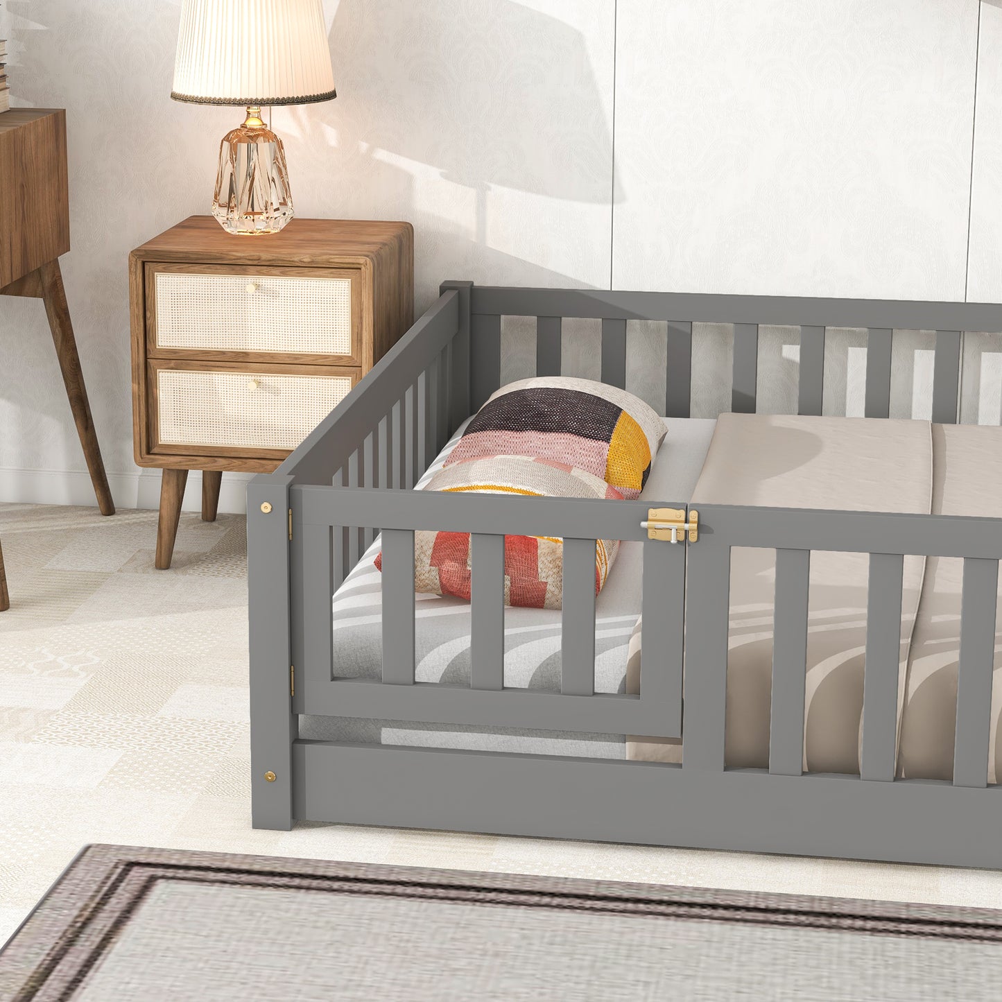 Twin Size Floor Bed for Kids, HSUNNS Twin Size Wood Toddler Floor Bed with Fence and Door, Twin Bed Montessori Floor Bed No Box Spring needed, Toddler Bed for Boys Girls, Slats Support, Gray
