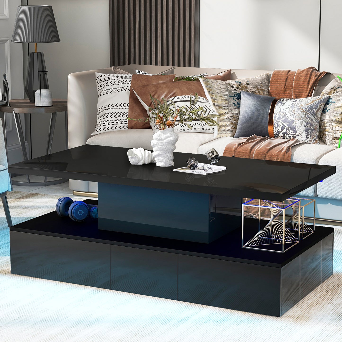 HSUNNS Black LED Coffee Table for Living Room, Modern High Glossy Center Table with 4 Drawers, Smart Cocktail Table Rectangle, Sofa Side Tea Tables with LED Lights, 40" L×24" W×15" H