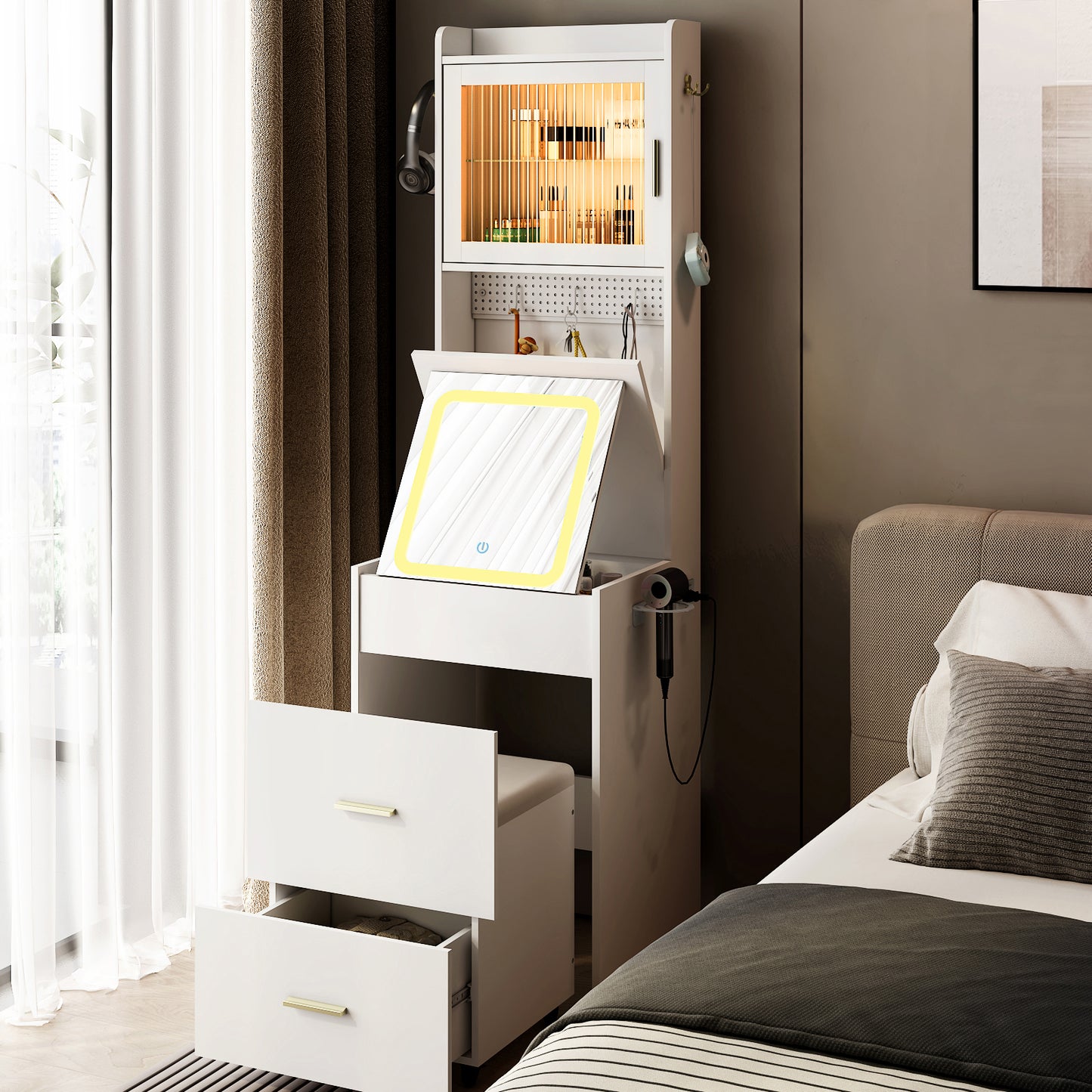 HSUNNS Small Vanity Desk with Flip-Top Mirror and Touch Control LED Light, Modern Wood Makeup Desk with Upholstered Stool, Glass Door, 3 Rocks, Storage Drawer, Hidden Storage, White