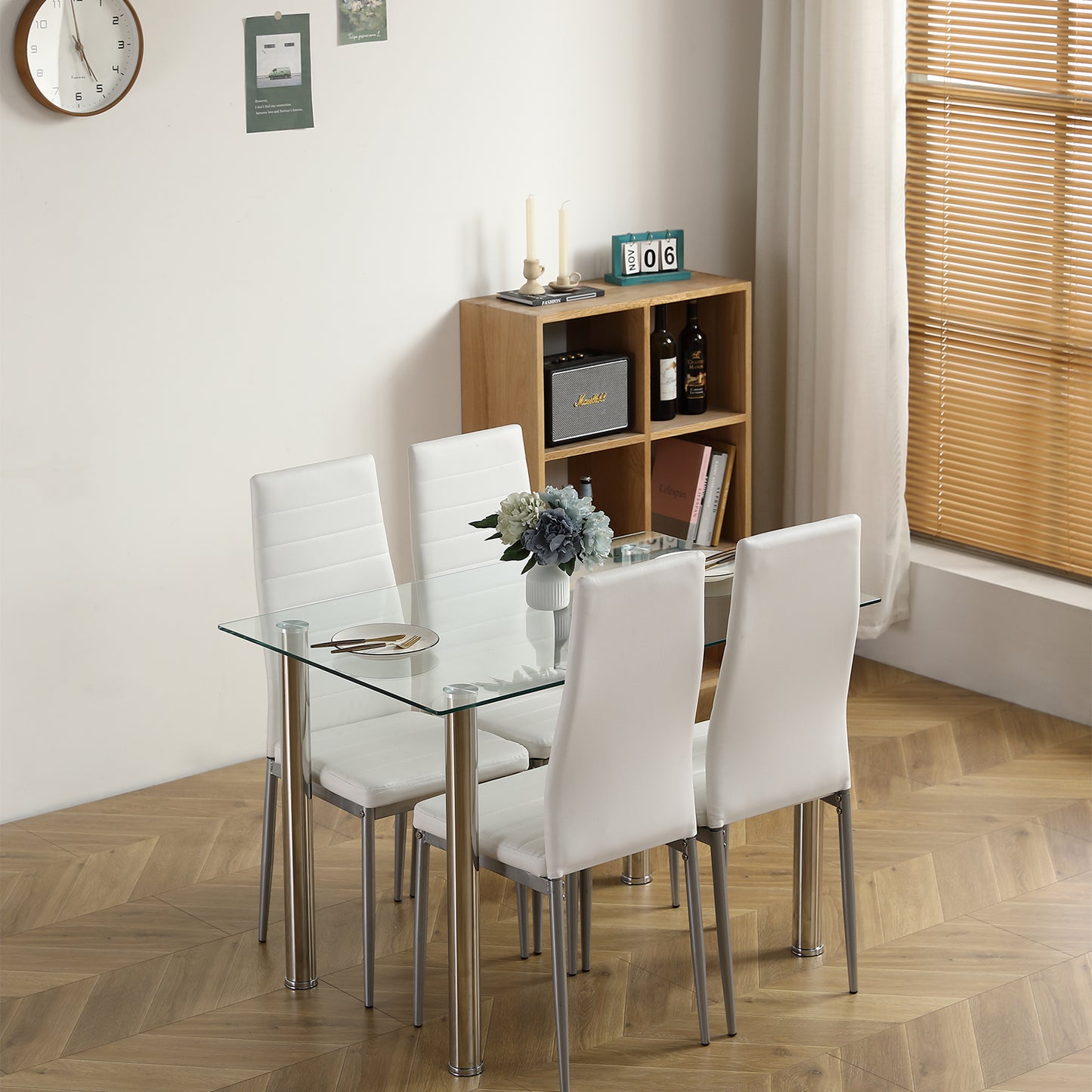 Glass Top Dining Set for 4, HSUNNS 5 Pieces Rectangle Dining Room Table Sets, Tempered Glass Dining Table + 4 Upholstered Stools for Home Small Space, Table Size - 43.3 x 27.6 x 28.9 in, White
