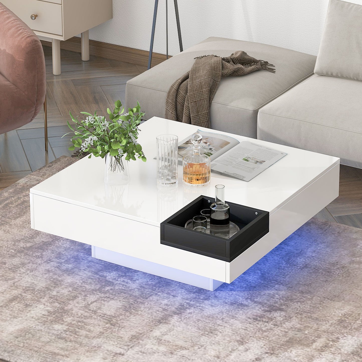 Square Coffee Table with LED Lights, HSUNNS Modern High Gloss White LED Coffee Table, End Side Table Sofa Centre Table with Detachable Tray|Remote Control 16 LED Lights, 31.5x31.5 in