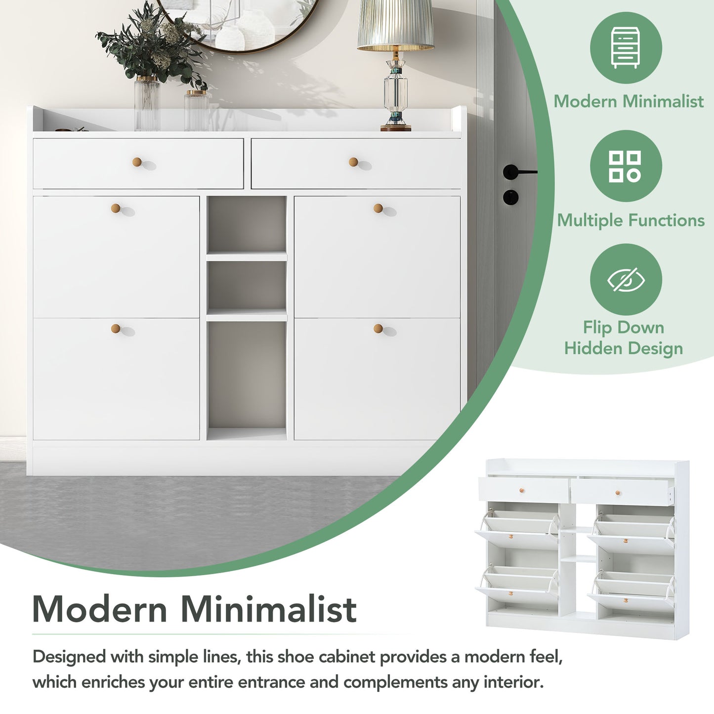 Shoe Cabinet for Entryway, HSUNNS 2-Tier Wood Shoe Cabinet with Flip Doors, Free Standing Narrow Shoe Storage Rack with 2 Pull-out Drawers | 4 Flip Drawers | 3 Open Shelves, Up for 19 Pair Shoe