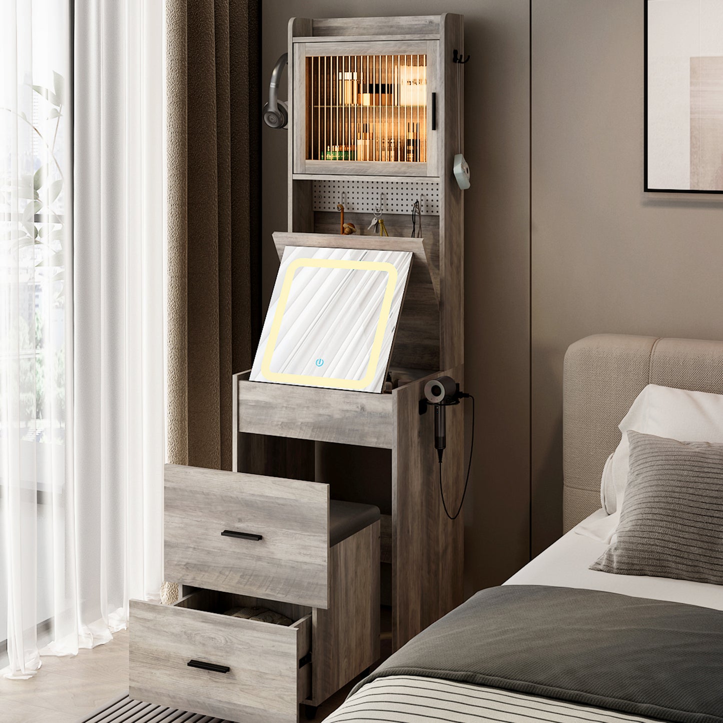 HSUNNS Small Vanity Desk with Flip-Top Mirror and Touch Control LED Light, Modern Wood Makeup Desk with Upholstered Stool, Glass Door, 3 Rocks, Storage Drawer, Hidden Storage, White