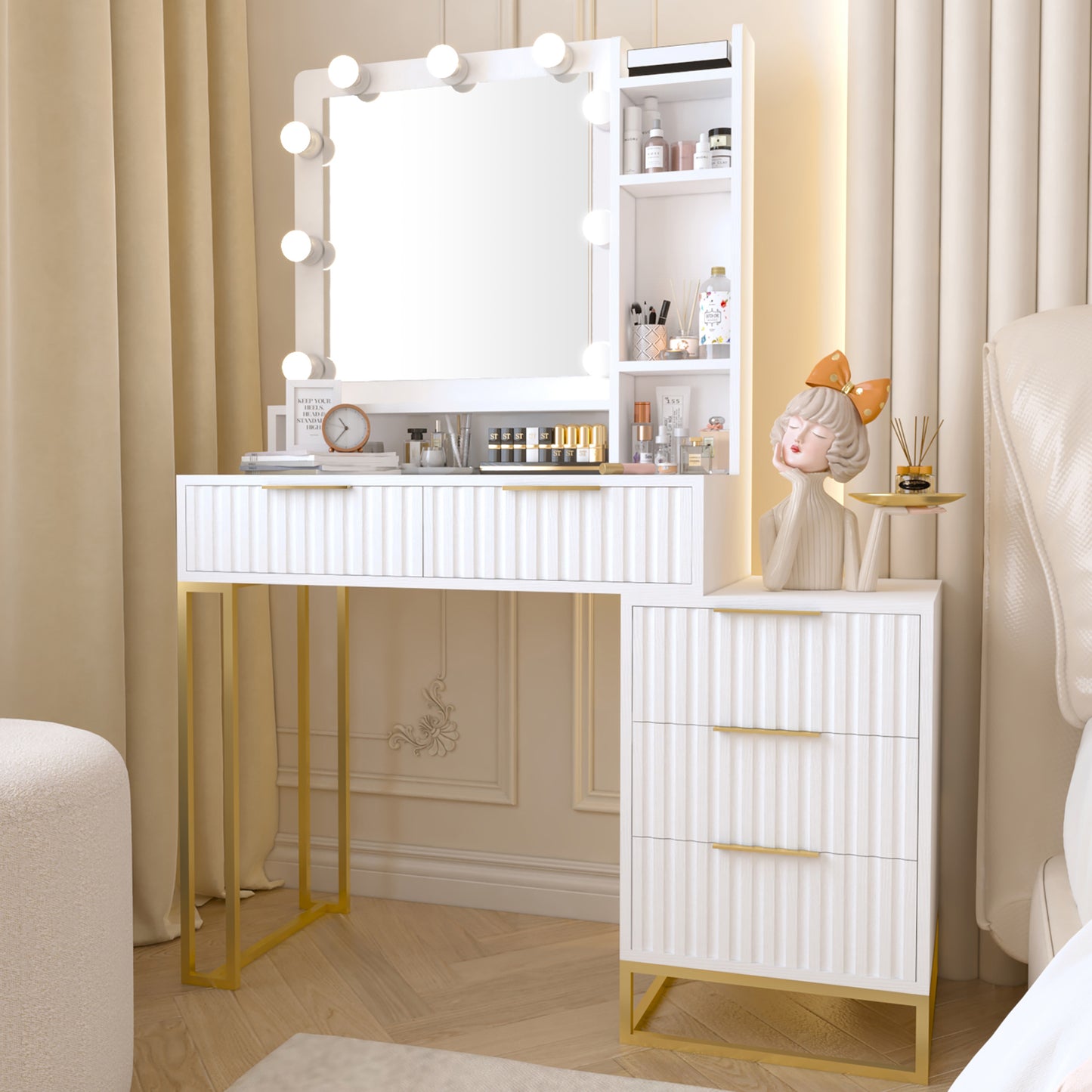 HSUNNS Makeup Vanity Desk with 9 Lights and Mirror, Modern Makeup Desk with 5 Drawers, Vanity with 3 Color Lights for Bedroom,Vanity Table with Storage Cabinet and Shelves, White